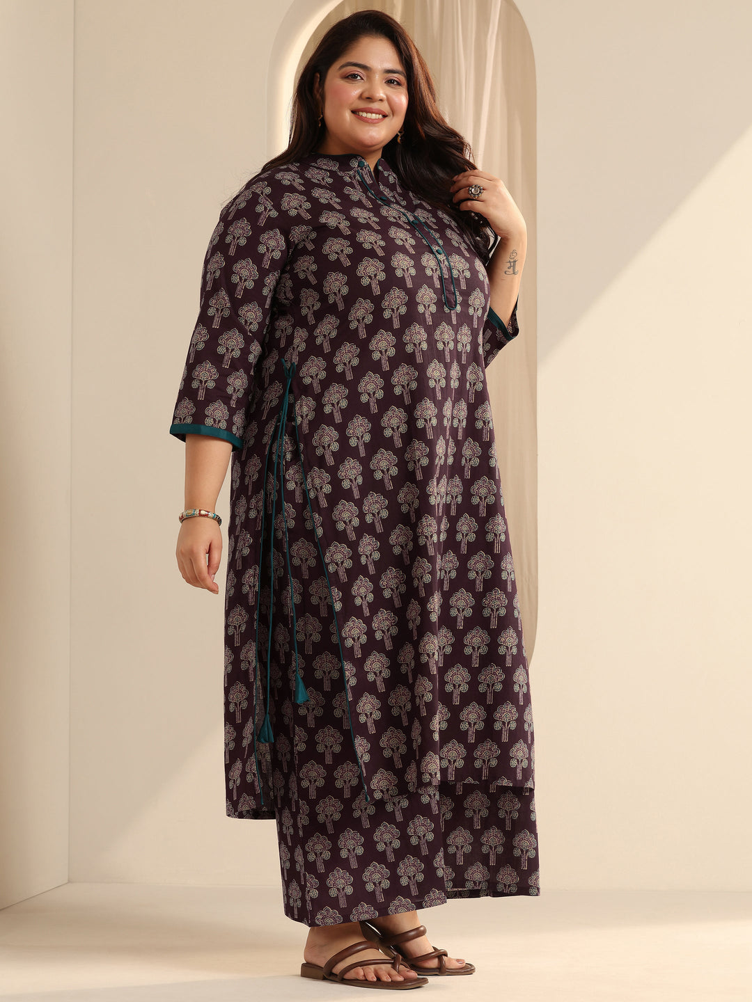  Plus Size Wine Printed Cotton Straight Kurta Set 