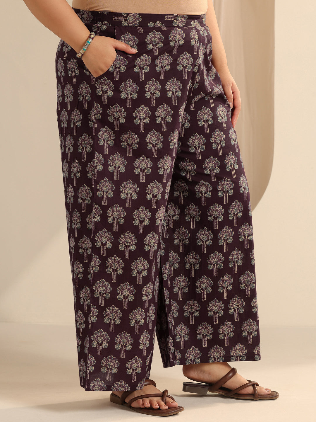  Plus Size Wine Printed Cotton Straight Kurta Set 