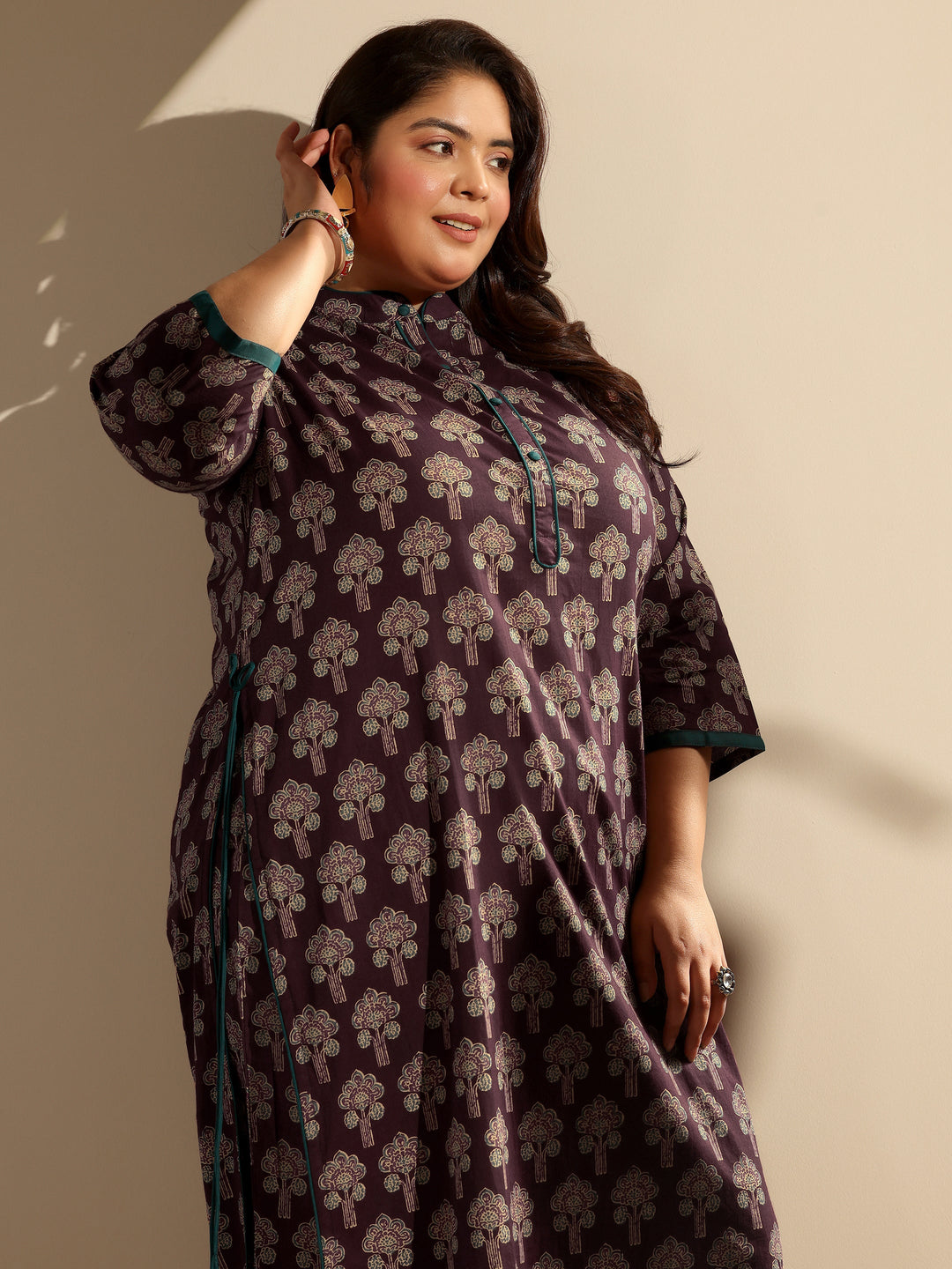 Plus Size Wine Printed Cotton Straight Kurta Set
