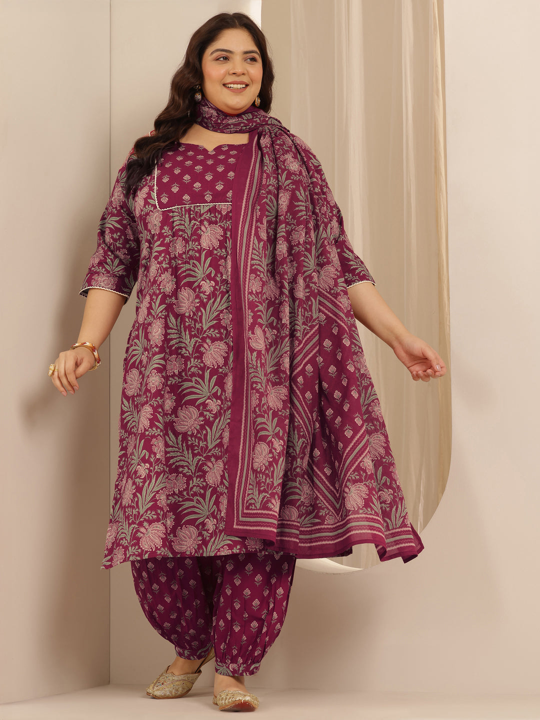  Plus Size Pink Printed Cotton Straight Suit Set With Dupatta 
