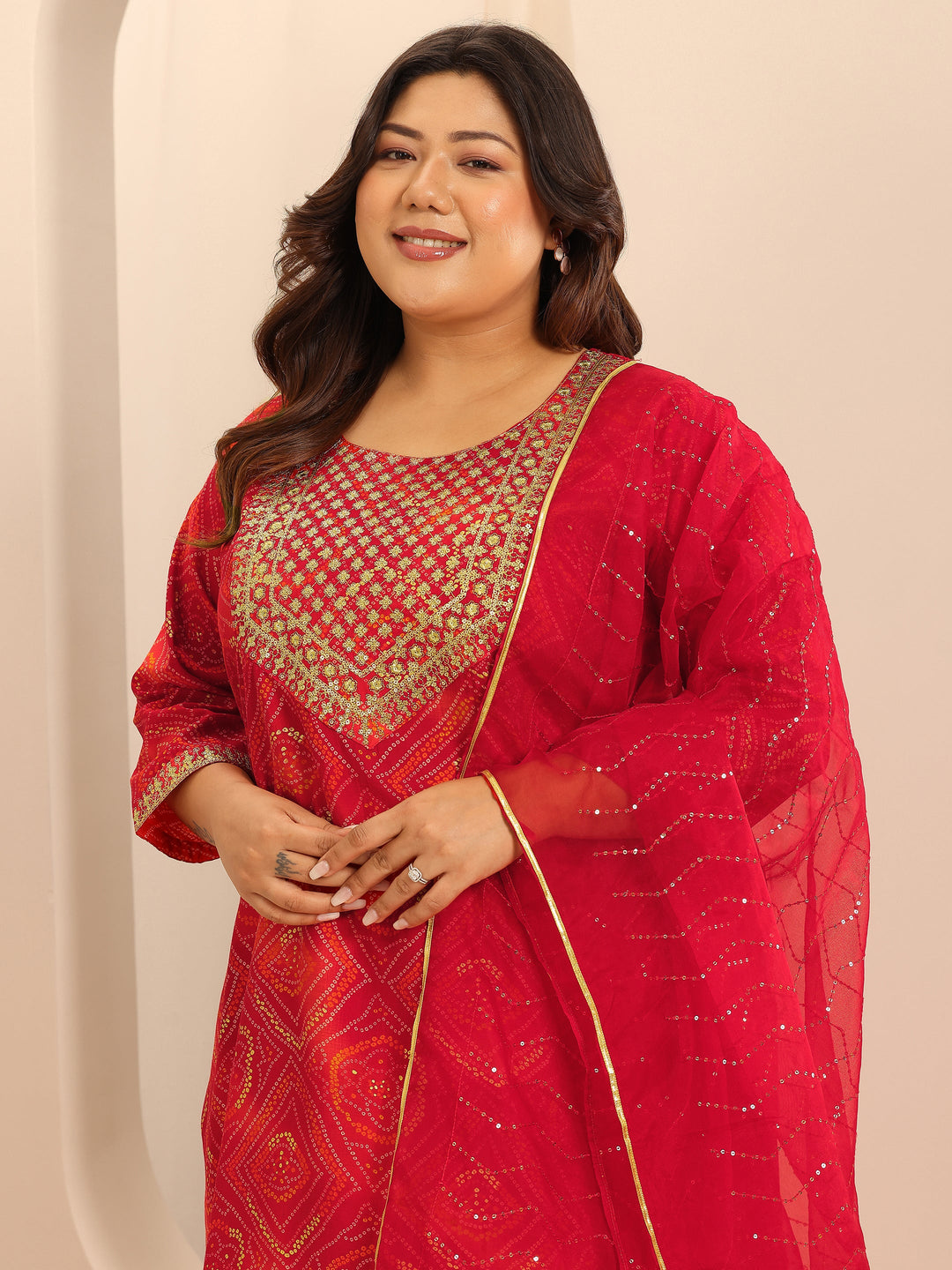  Plus Size Red Printed Silk Blend Straight Suit Set With Dupatta 