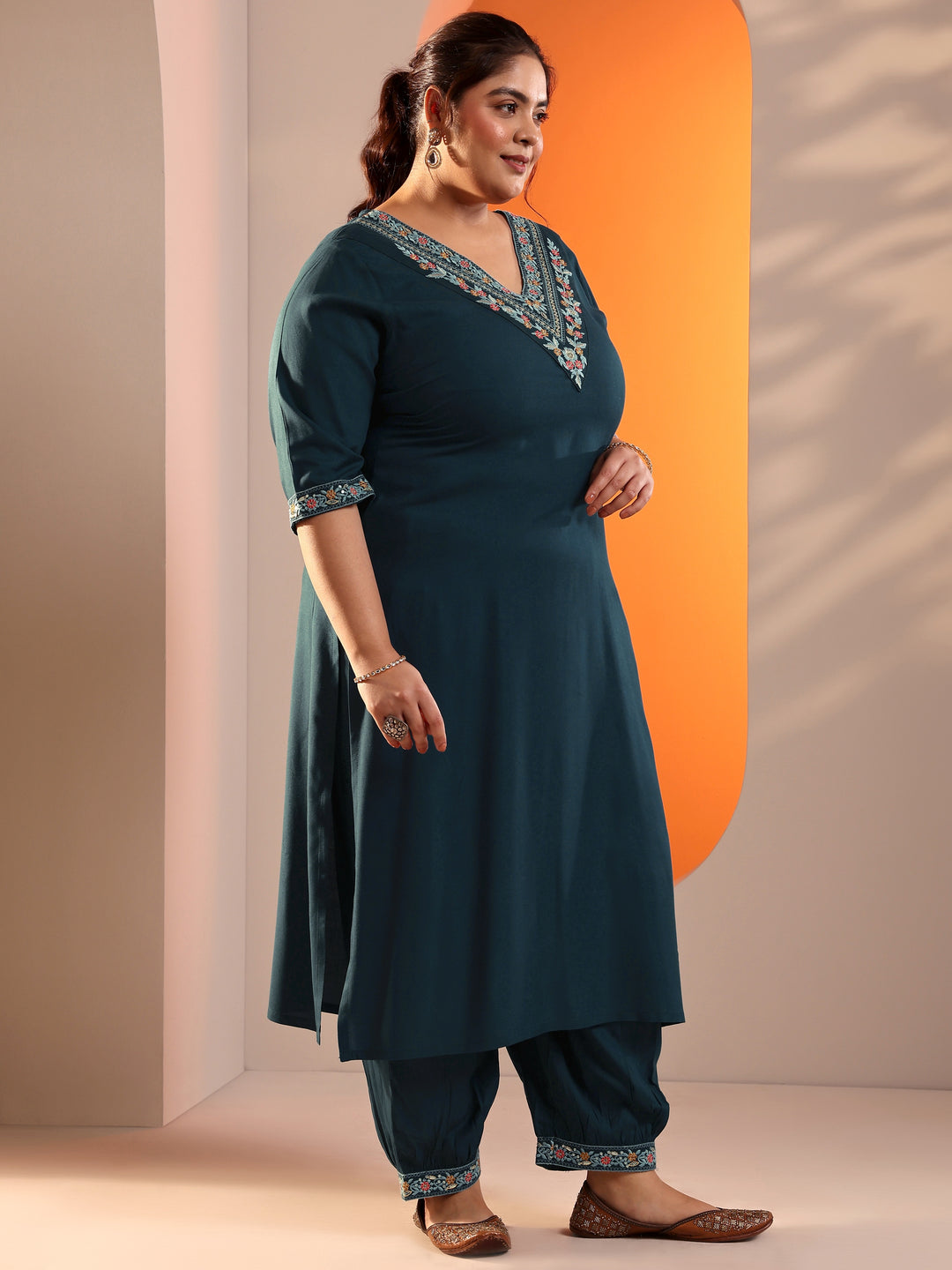  Plus Size Teal Blue Yoke Design Viscose Straight Suit Set With Dupatta 