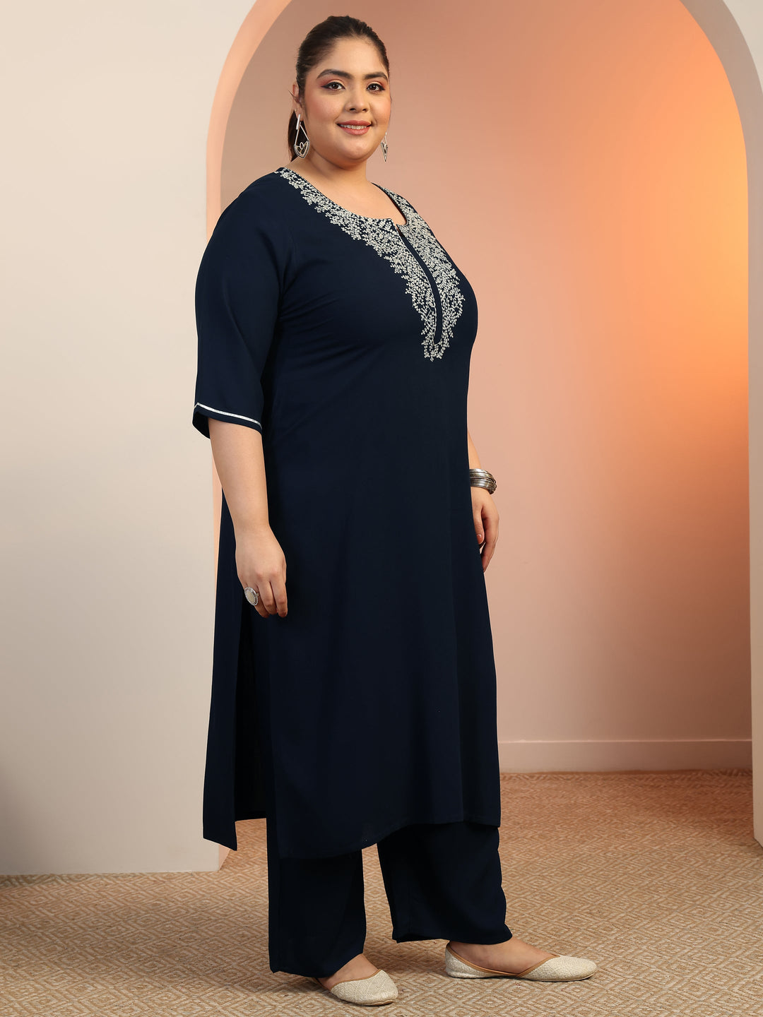  Plus Size Navy blue Yoke Design Viscose Straight Suit Set With Dupatta 