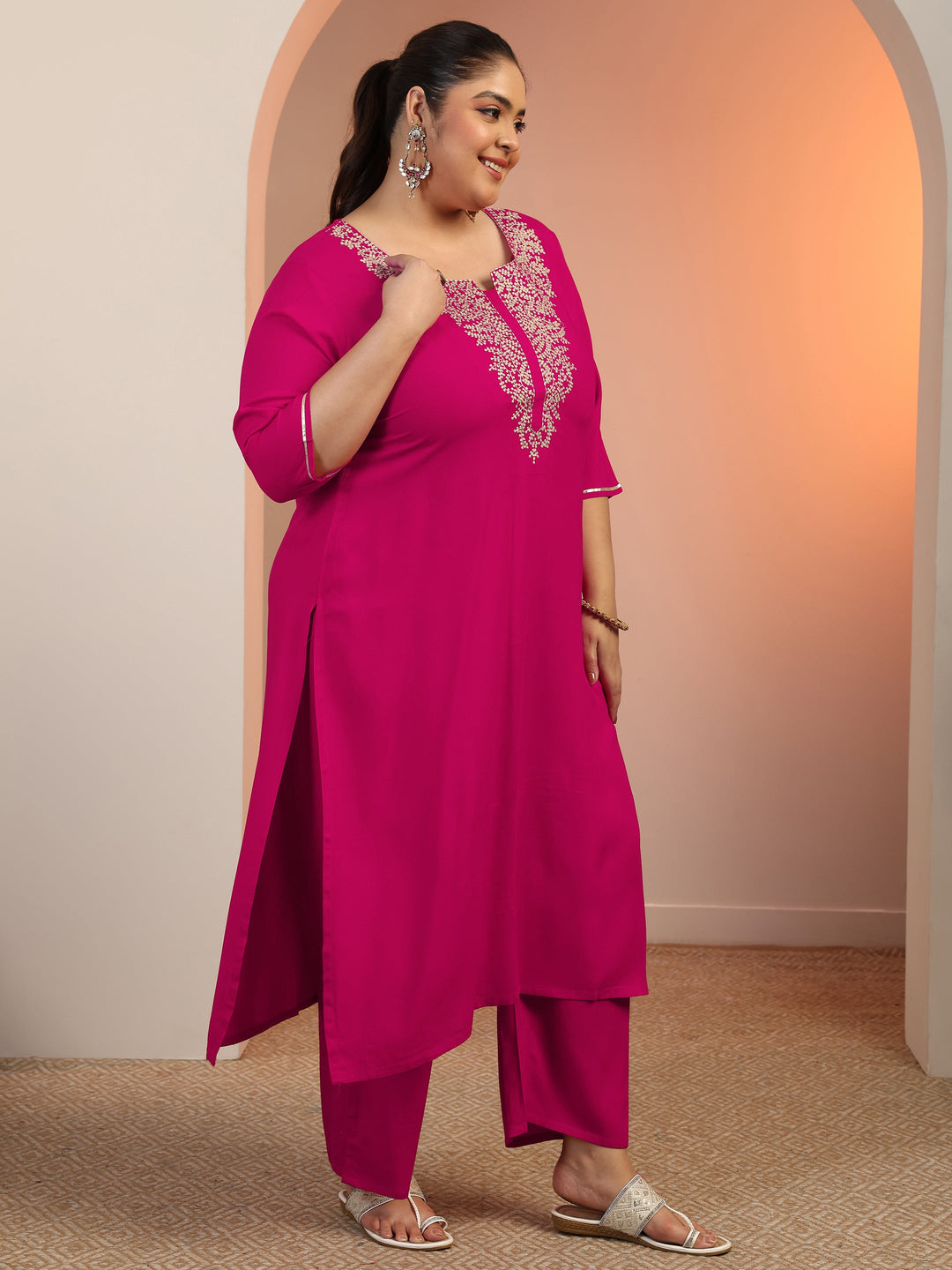  Plus Size Pink Yoke Design Viscose Straight Suit Set With Dupatta 