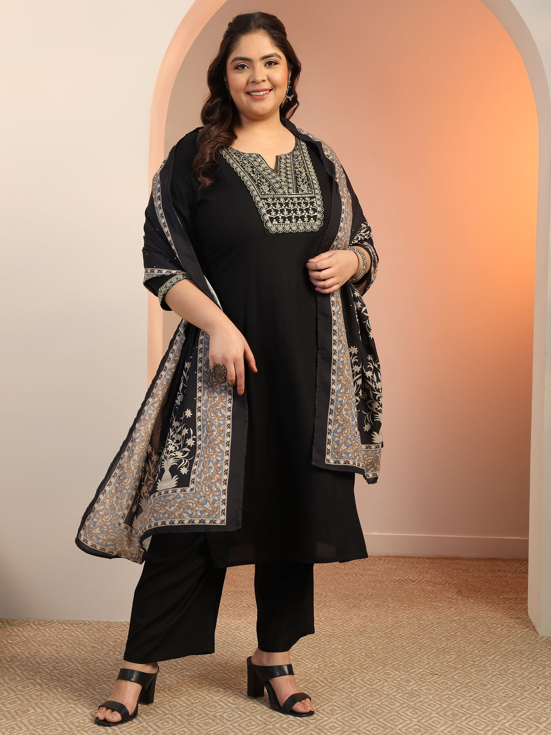  Plus Size Black Yoke Design Viscose Straight Suit Set With Dupatta 