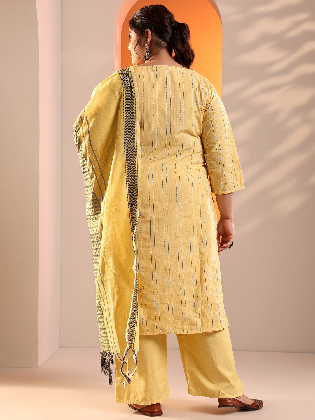  Plus Size Yellow Woven Design Cotton Blend Straight Suit Set With Dupatta 