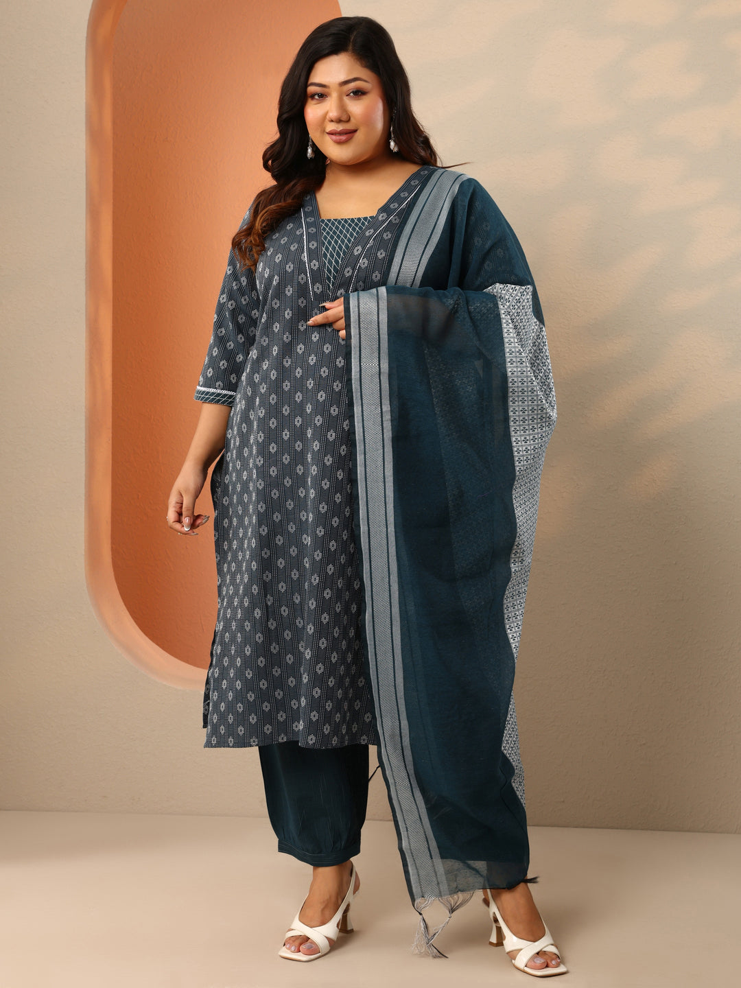  Plus Size Teal Woven Design Cotton Blend Straight Suit Set With Dupatta 