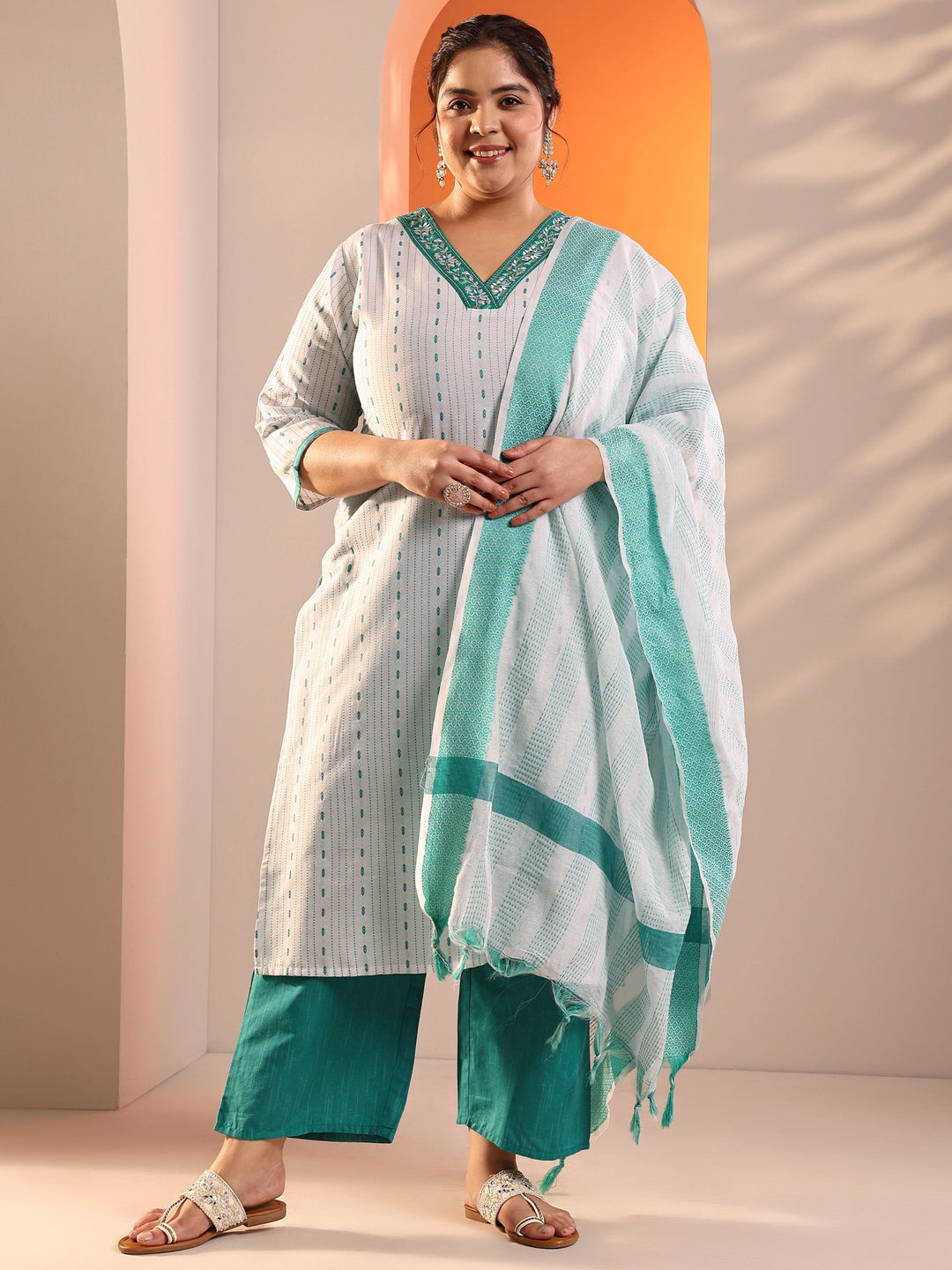  Plus Size White Woven Design Cotton Blend Straight Suit Set With Dupatta 