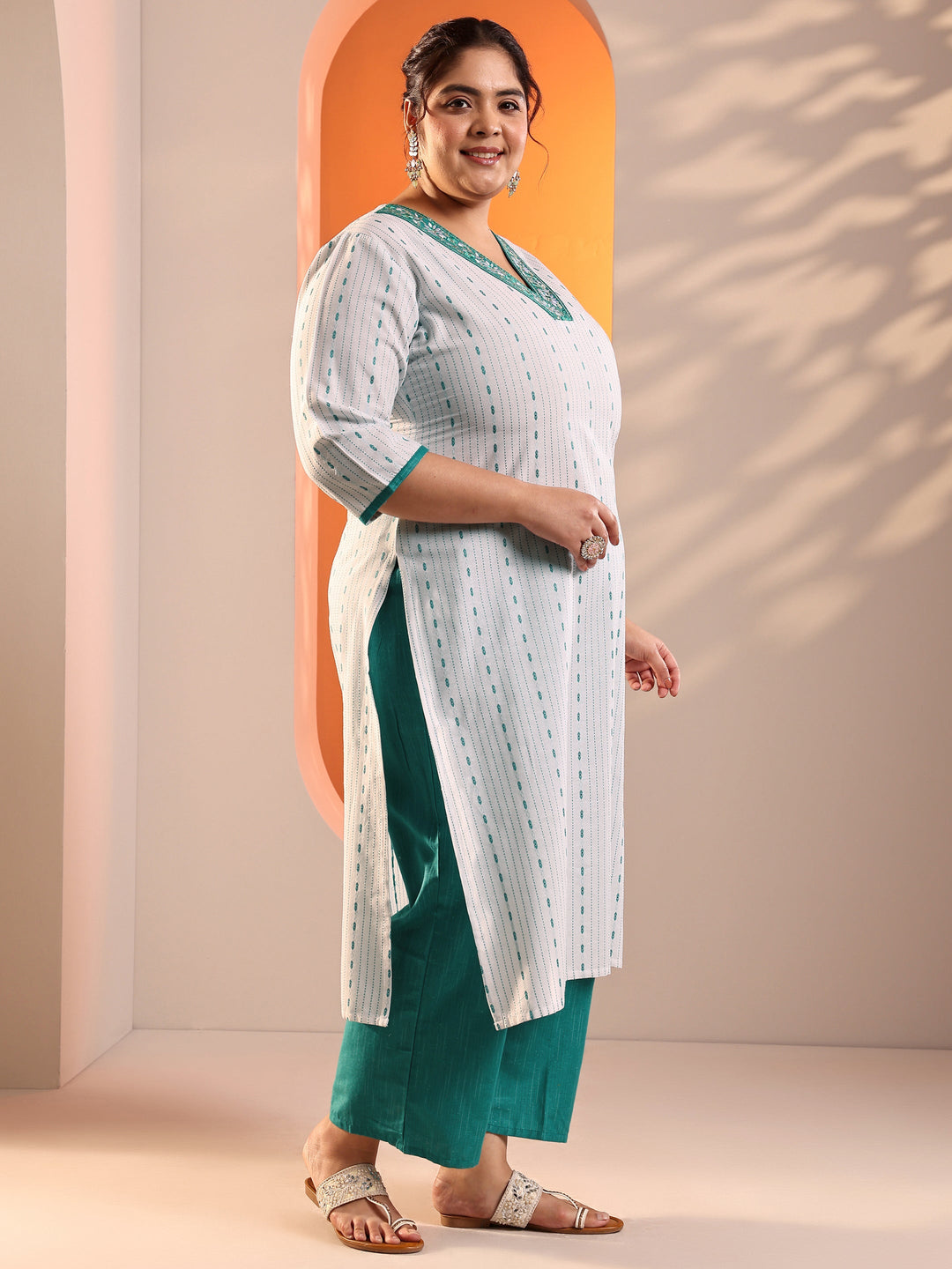  Plus Size White Woven Design Cotton Blend Straight Suit Set With Dupatta 