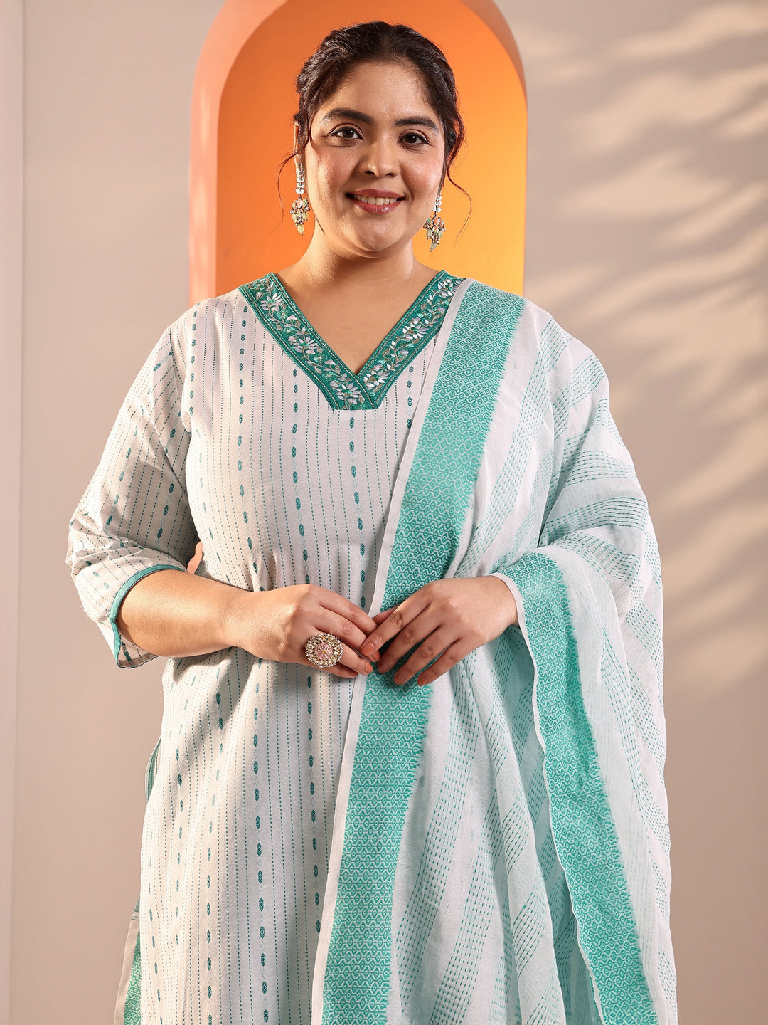  Plus Size White Woven Design Cotton Blend Straight Suit Set With Dupatta 
