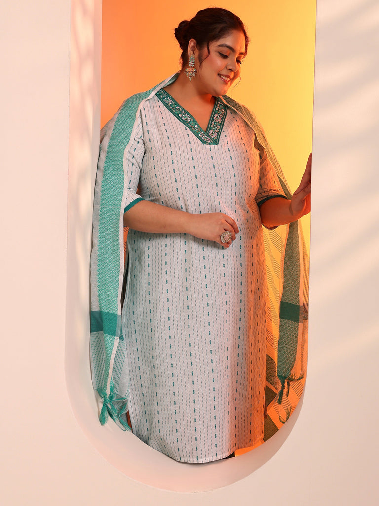Plus Size White Woven Design Cotton Blend Straight Suit Set With Dupatta