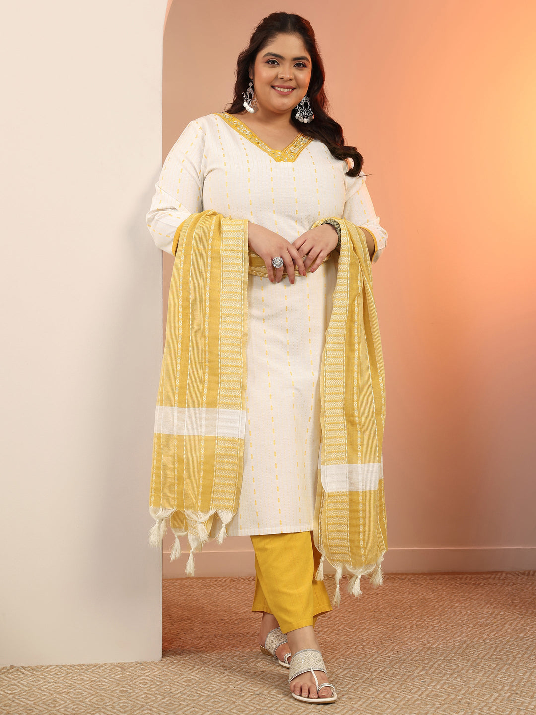  Plus Size White Woven Design cotton blend Straight Suit Set With Dupatta 
