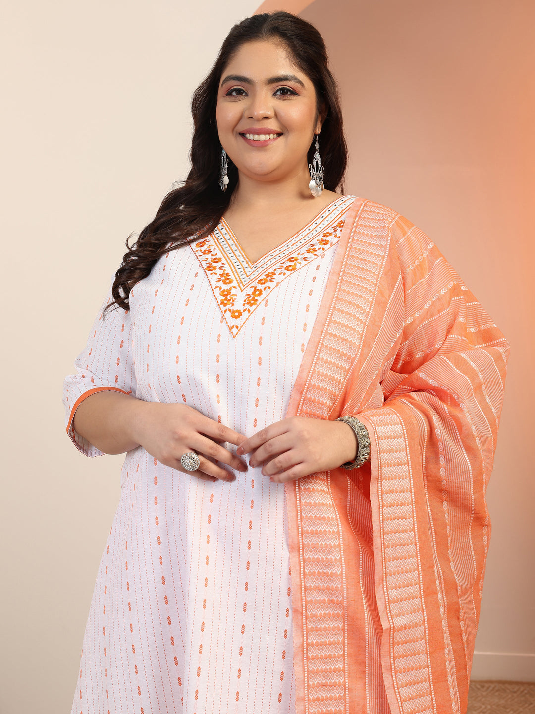  Plus Size White Woven Design cotton blend Straight Suit Set With Dupatta 