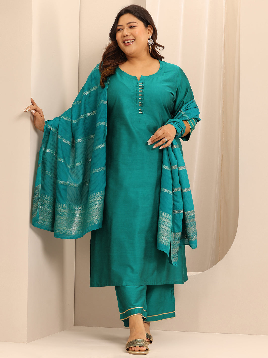  Plus Size Teal Solid Silk Blend Straight Suit Set With Dupatta 