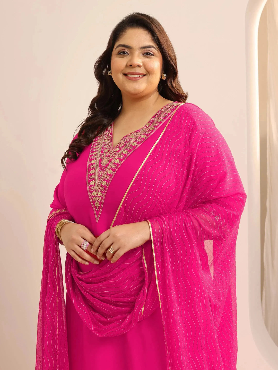  Plus Size Pink Yoke Design Silk Blend Straight Suit Set With Dupatta 