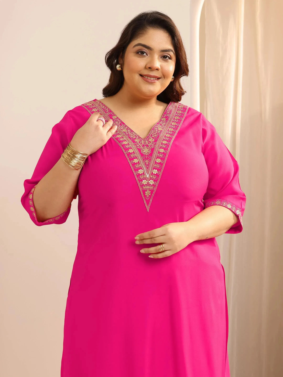  Plus Size Pink Yoke Design Silk Blend Straight Suit Set With Dupatta 