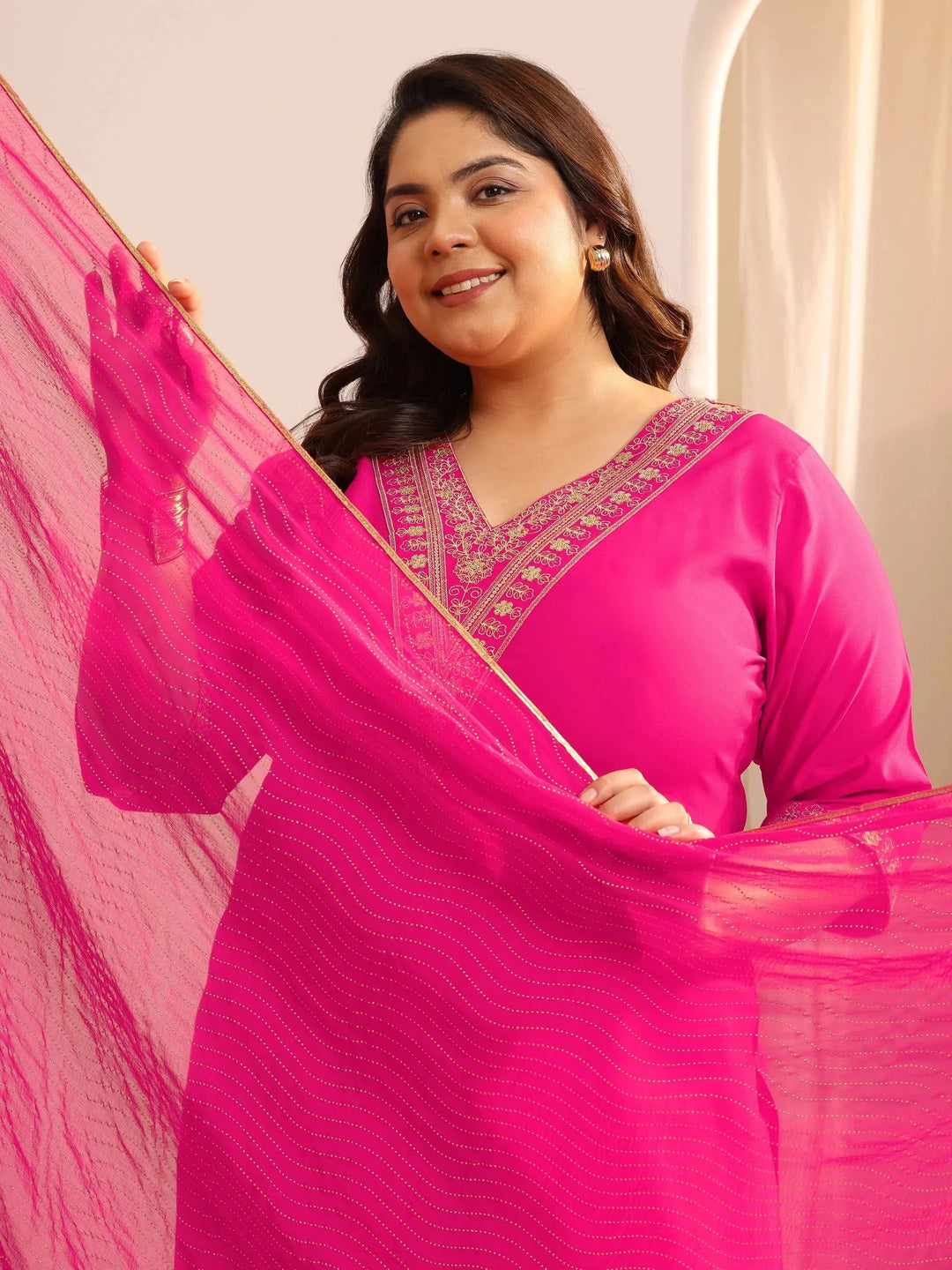 Plus Size Pink Yoke Design Silk Blend Straight Suit Set With Dupatta