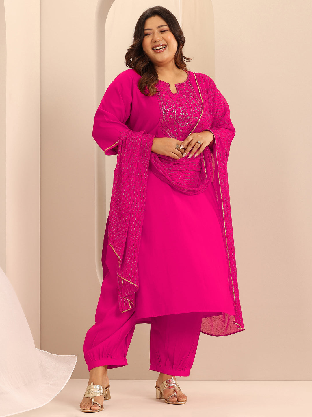 Plus Size Pink Embellished Silk Blend Straight Suit Set With Dupatta 