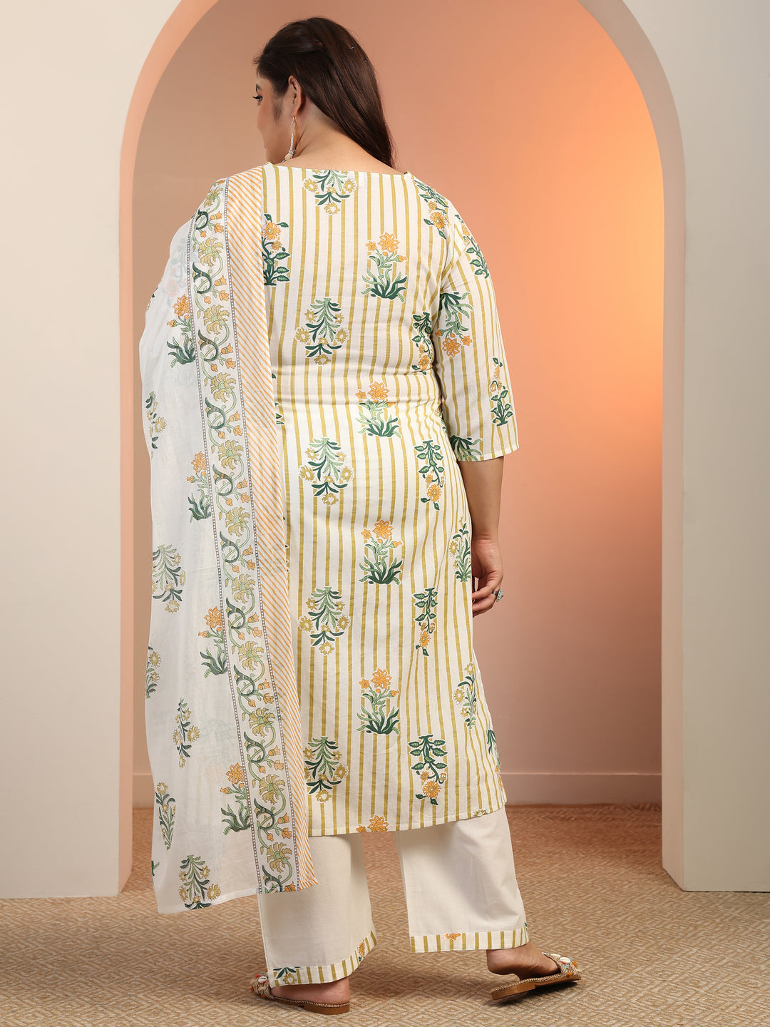  Plus Size Off White Printed Cotton Straight Suit Set With Dupatta 