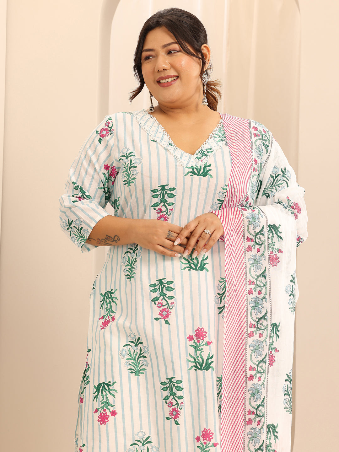  Plus Size Off White Printed Cotton Straight Suit Set With Dupatta 
