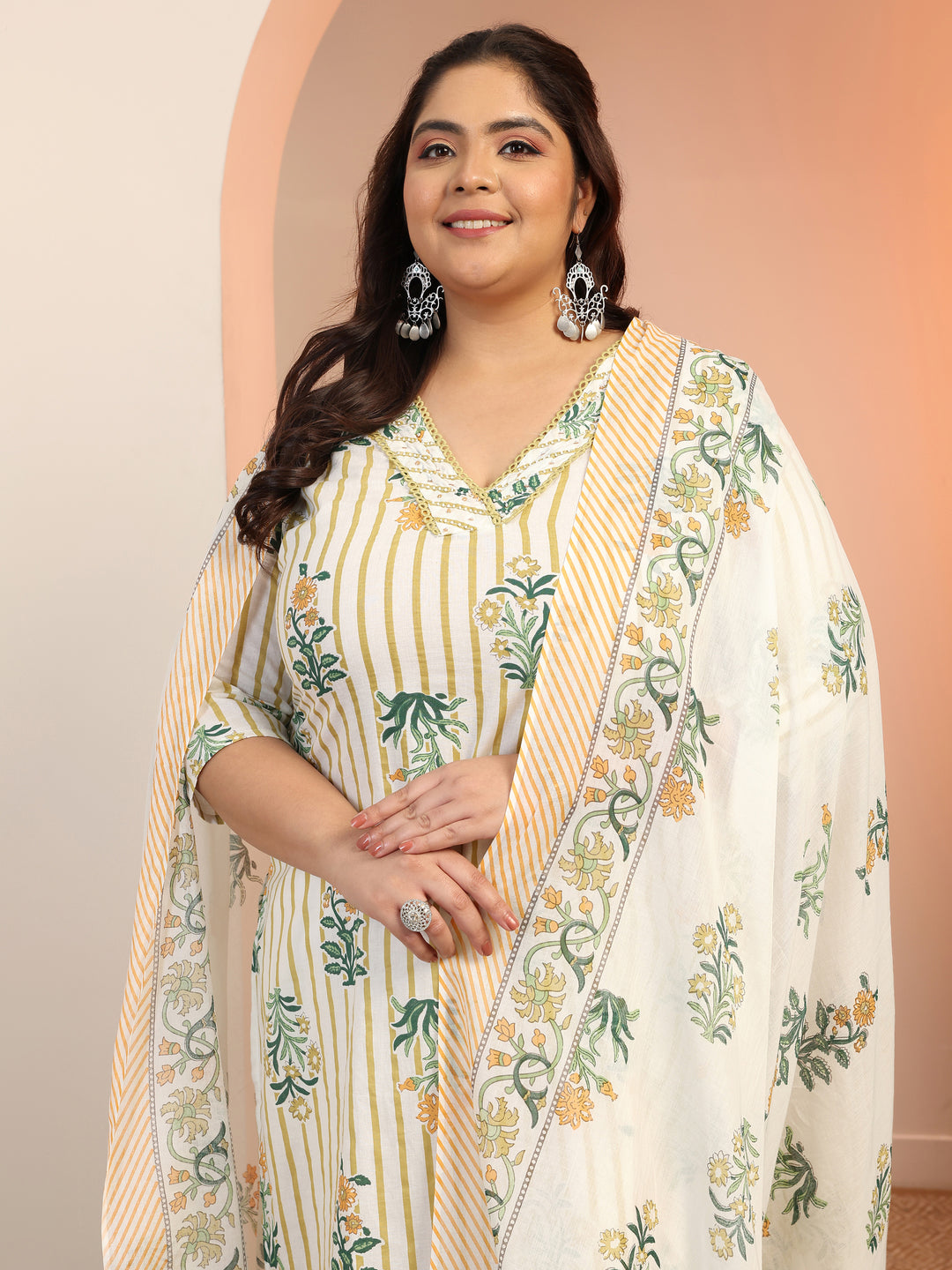  Plus Size Off White Printed Cotton Straight Suit Set With Dupatta 