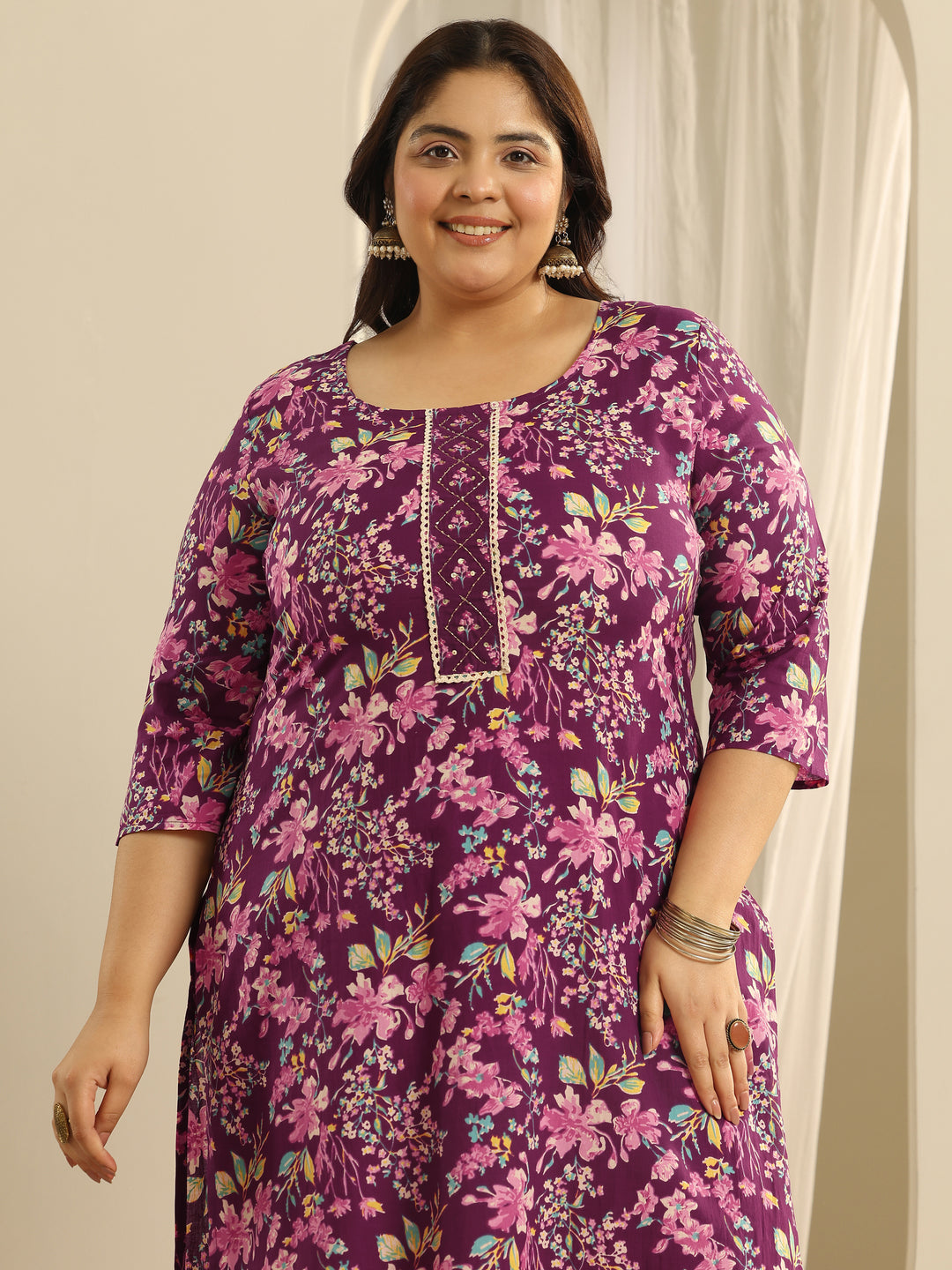  Plus Size Wine Floral Printed Cotton Straight Suit Set With Dupatta 