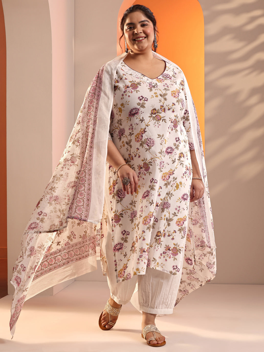  Plus Size Off White Floral Printed Cotton Straight Suit Set With Dupatta 