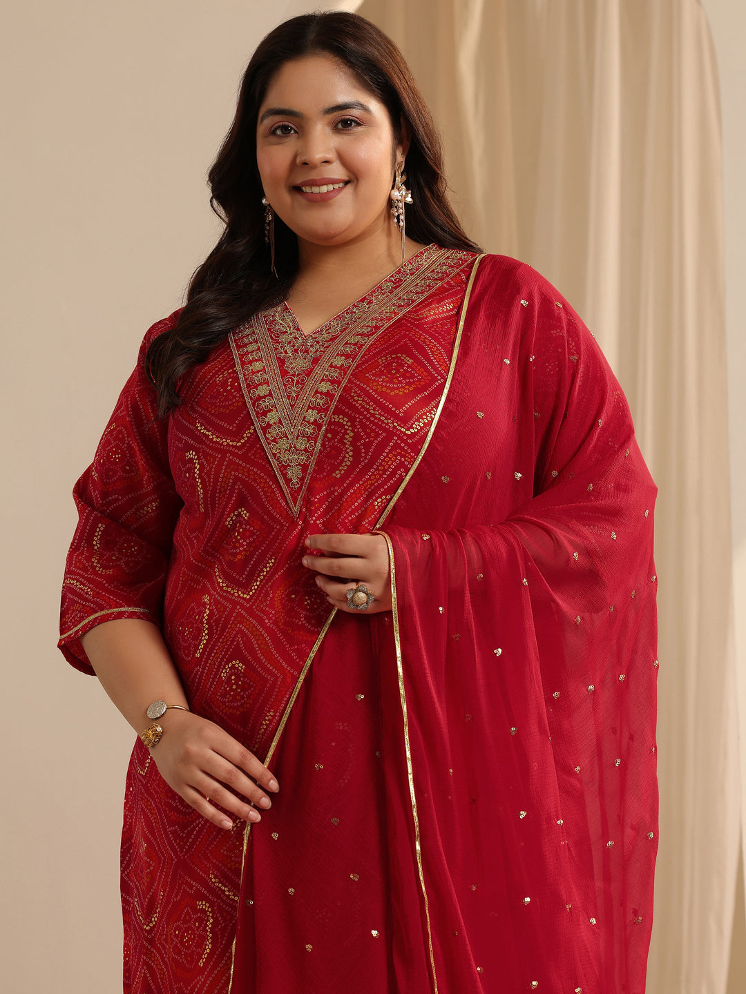  Plus Size Red Printed Silk blend Straight Suit Set With Dupatta 