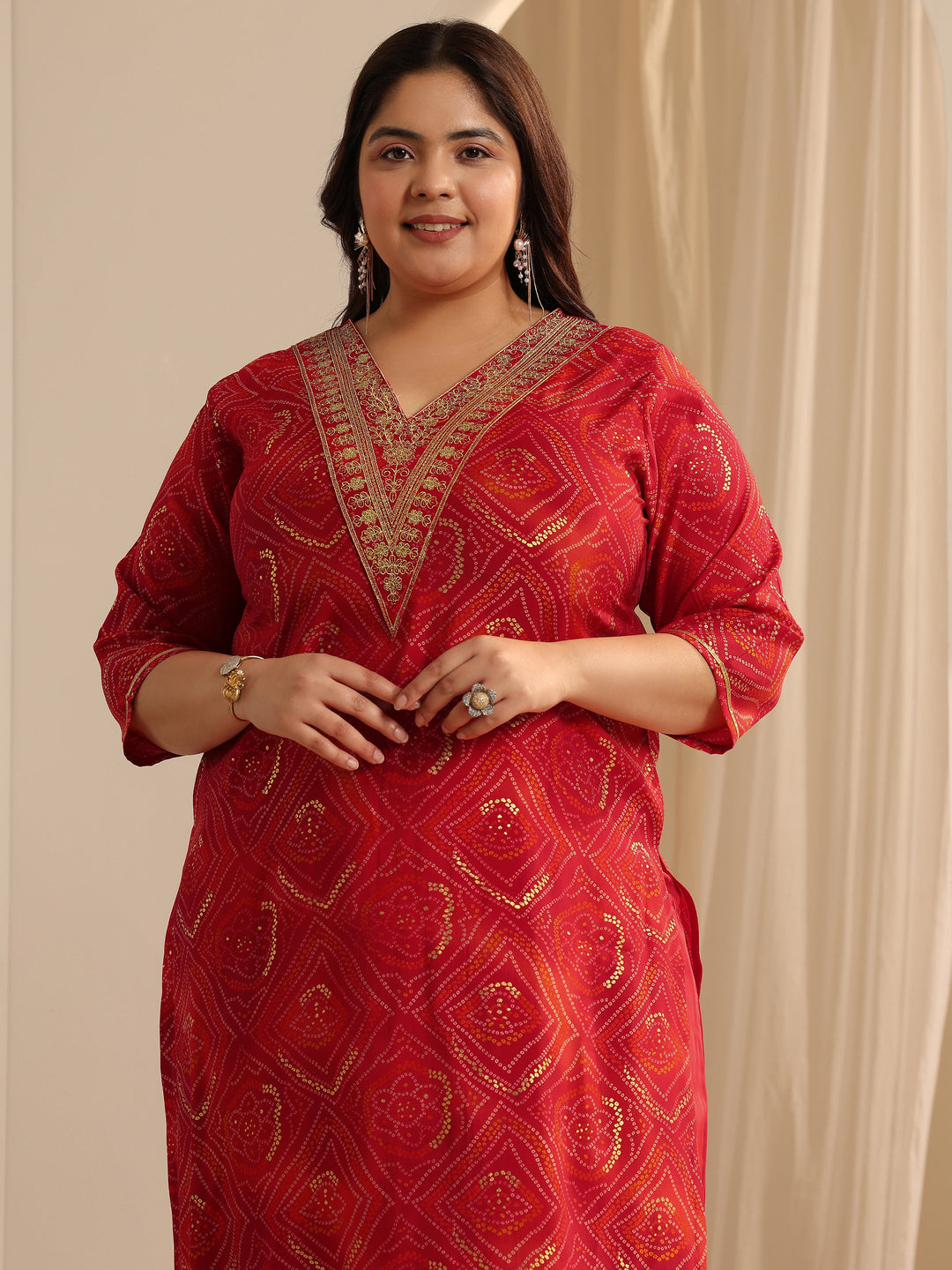  Plus Size Red Printed Silk blend Straight Suit Set With Dupatta 