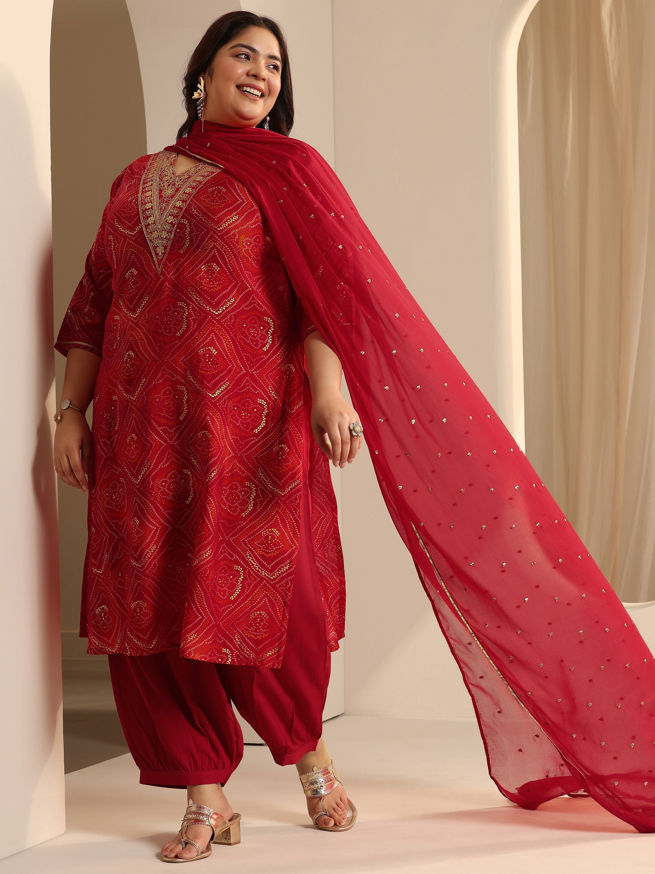libas Plus Size Red Printed Silk blend Straight Suit Set With Dupatta-picture-55