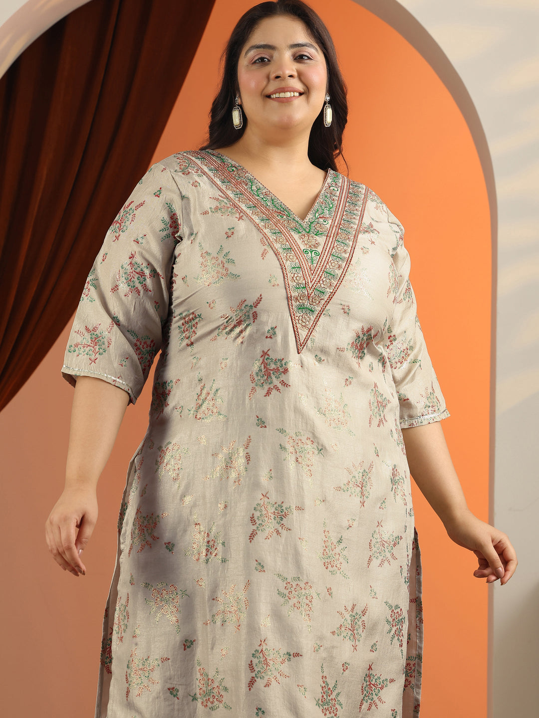  Plus Size Grey Floral Printed Silk blend Straight Suit Set With Dupatta 