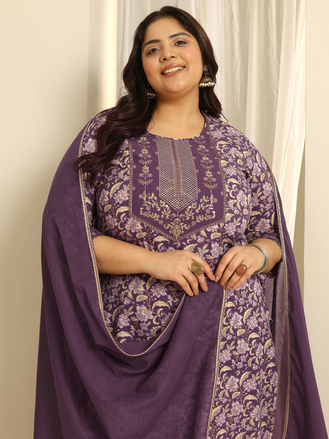  Plus Size Purple Yoke Design Cotton Straight Suit Set With Dupatta 