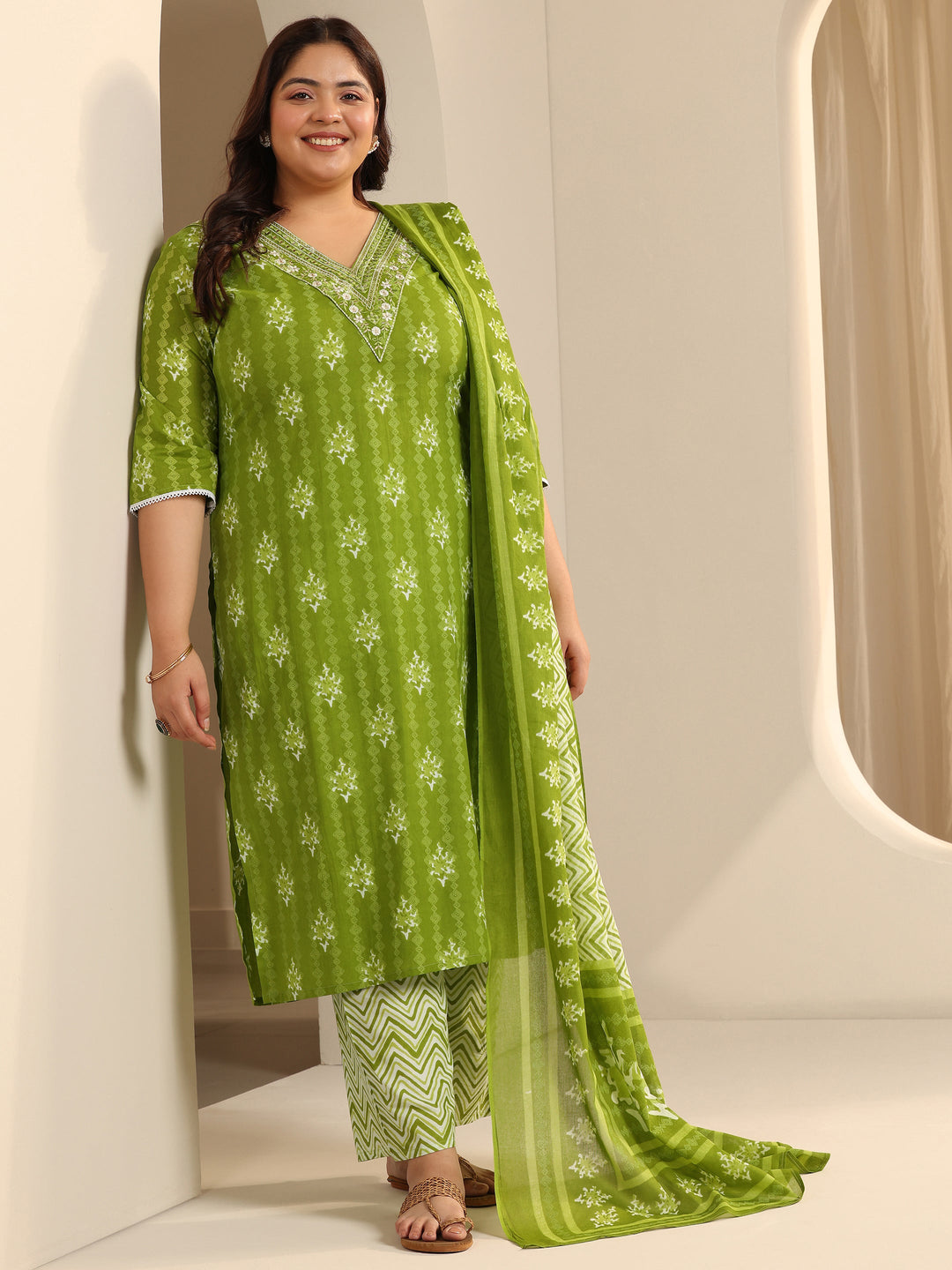  Plus Size Green Printed Cotton Straight Suit Set With Dupatta 