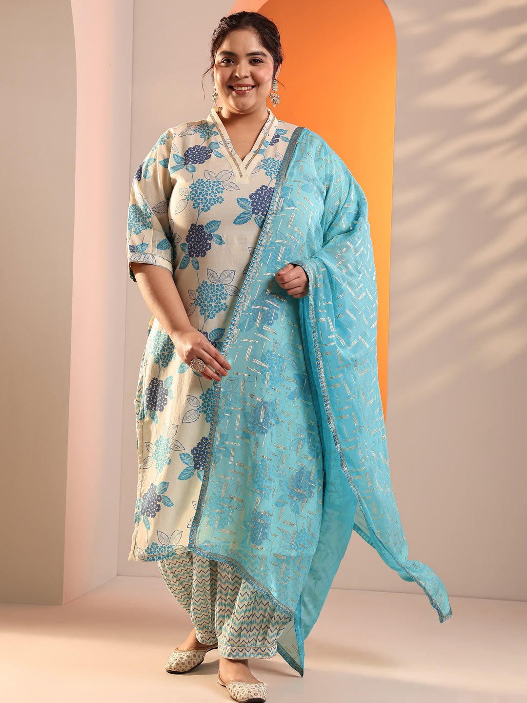  Plus Size Off White Printed Cotton Straight Suit Set With Dupatta 