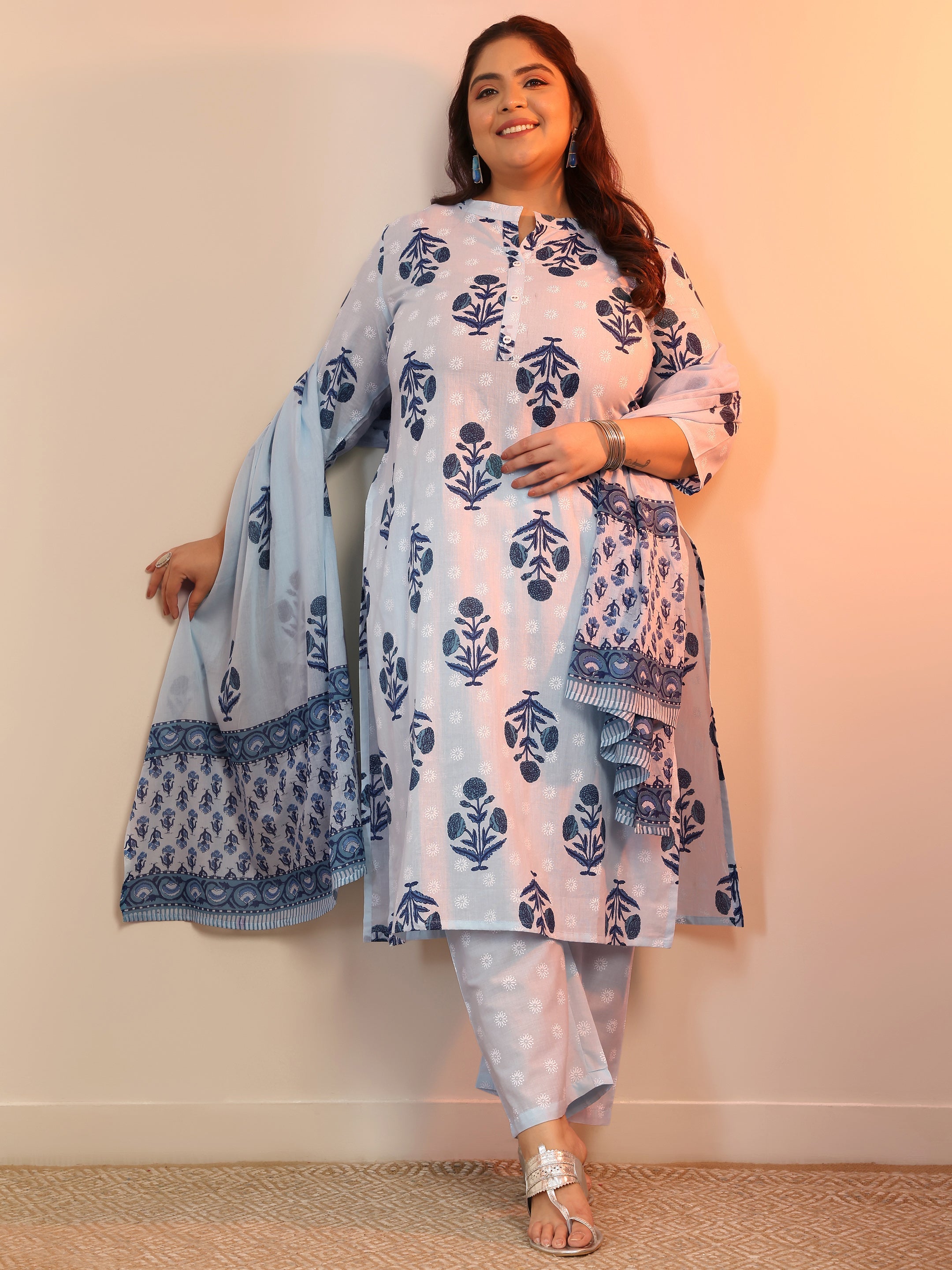 libas Plus Size Blue Floral Printed Cotton Straight Suit Set With Dupatta-picture-24