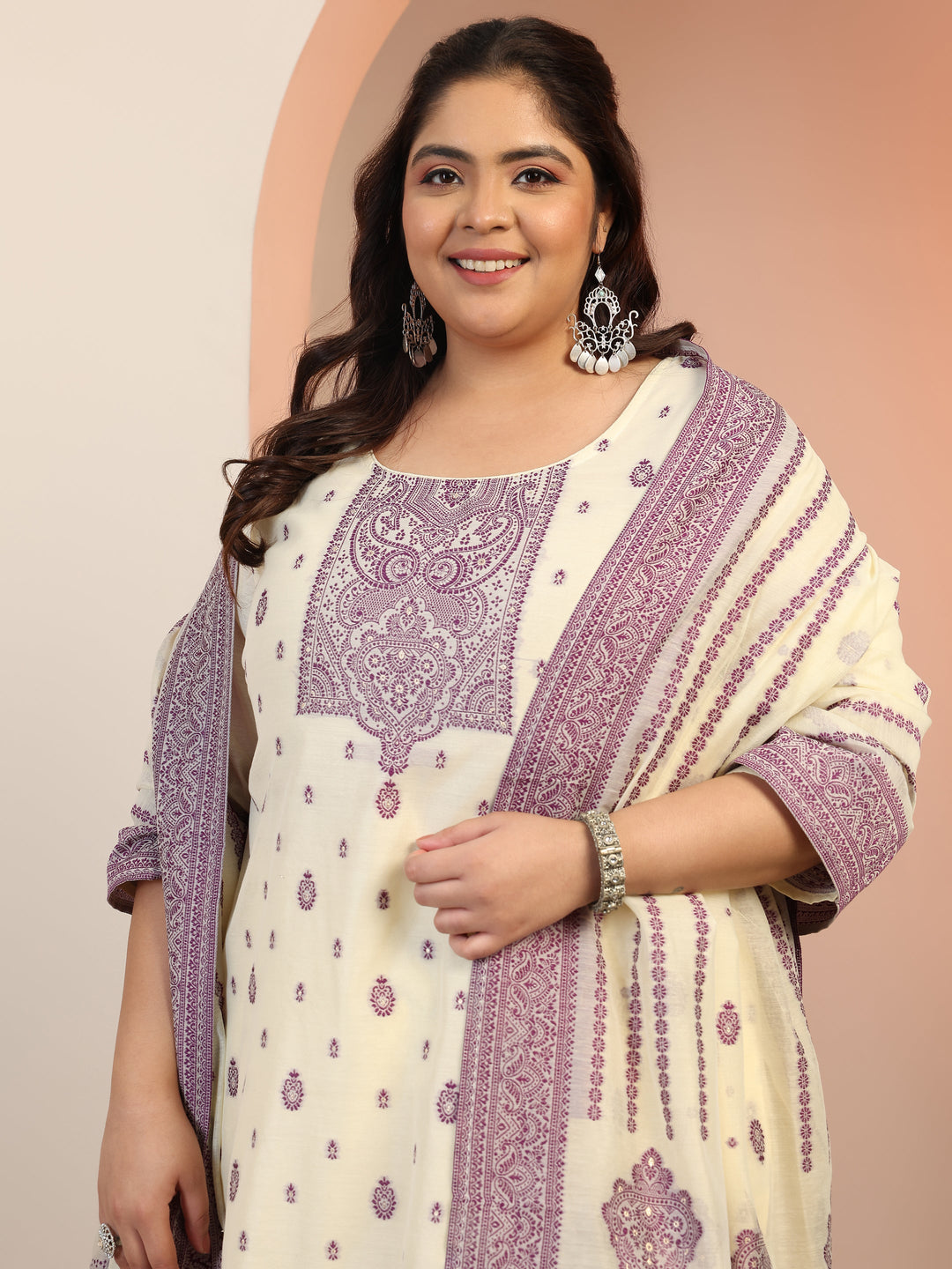  Plus Size Cream Woven Design Cotton Blend Straight Suit Set With Dupatta 
