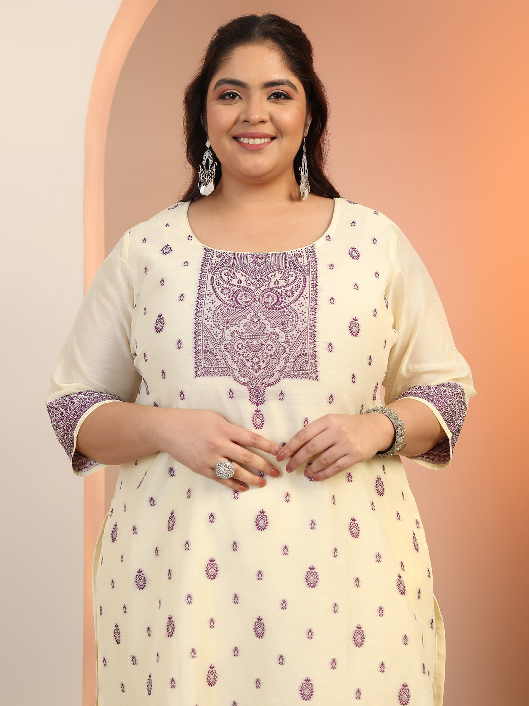  Plus Size Cream Woven Design Cotton Blend Straight Suit Set With Dupatta 