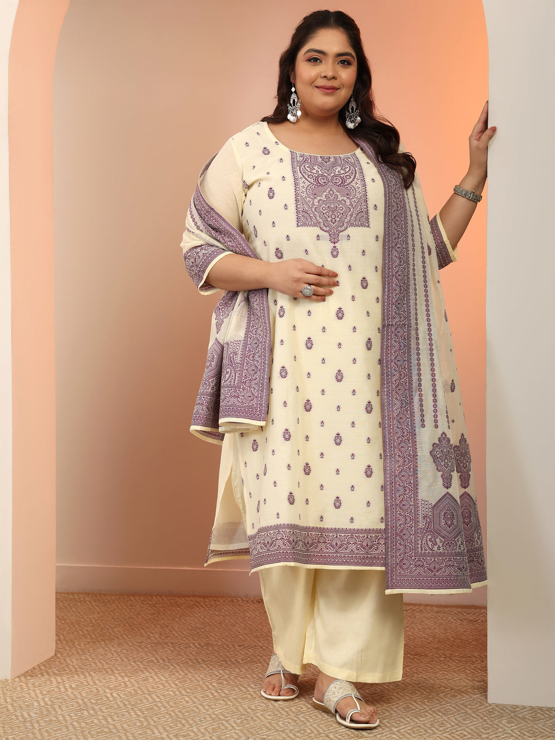  Plus Size Cream Woven Design Cotton Blend Straight Suit Set With Dupatta 