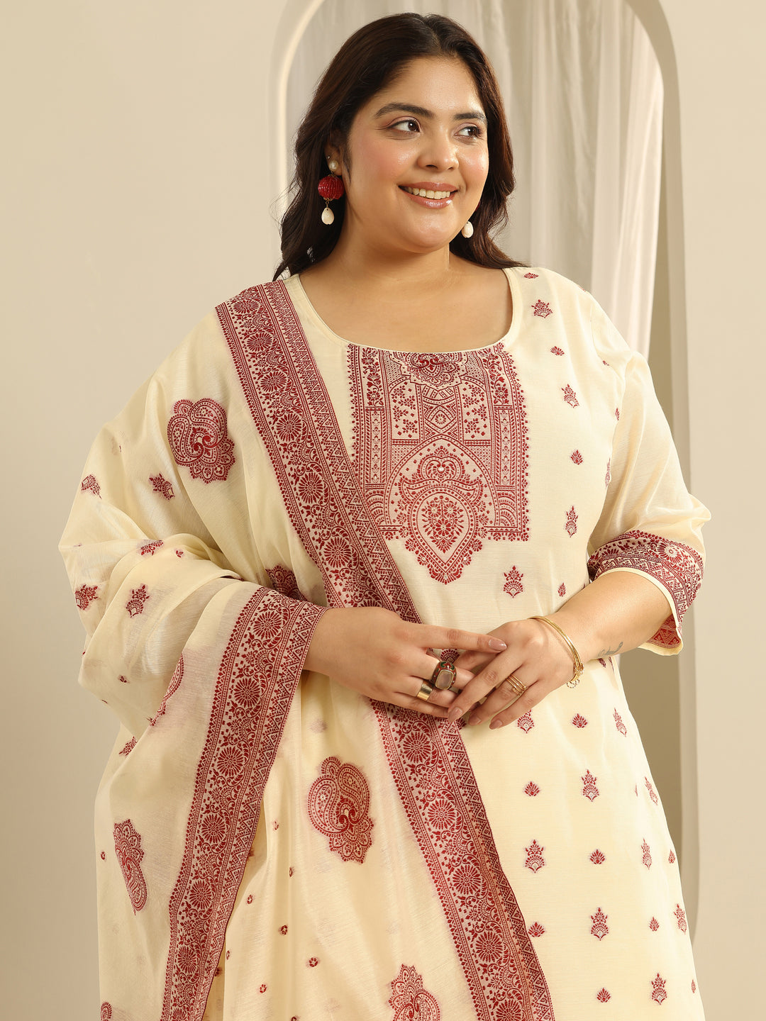  Plus Size Cream Woven Design Cotton Blend Straight Suit Set With Dupatta 