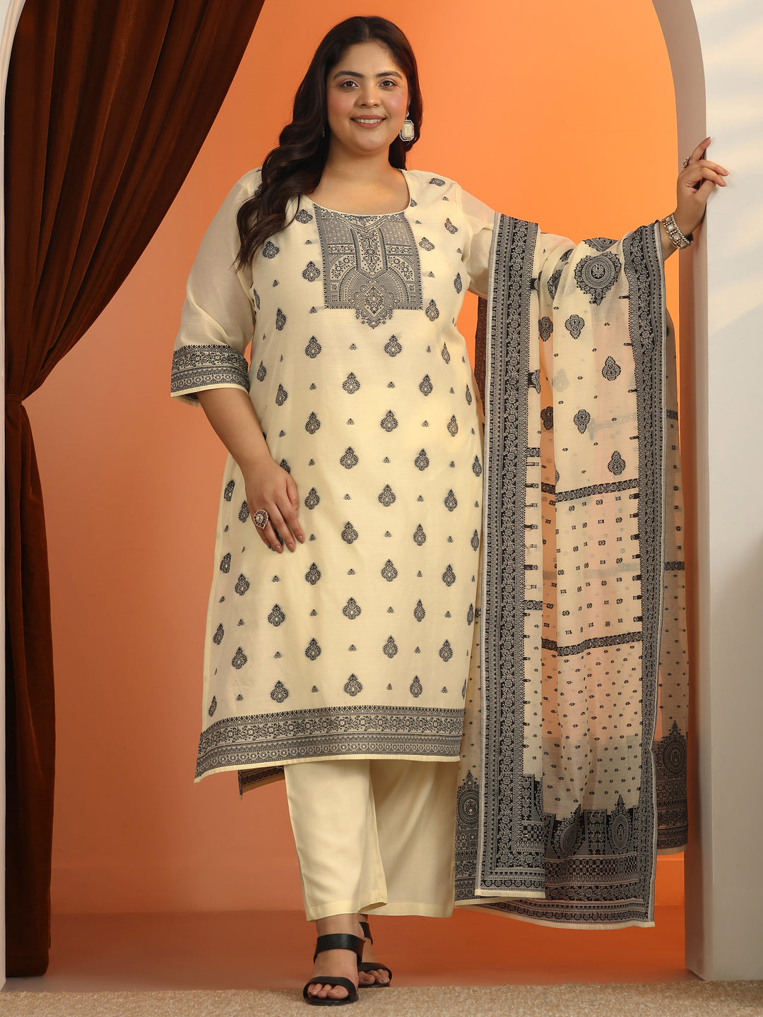  Plus Size Cream Woven Design Cotton Blend Straight Suit Set With Dupatta 