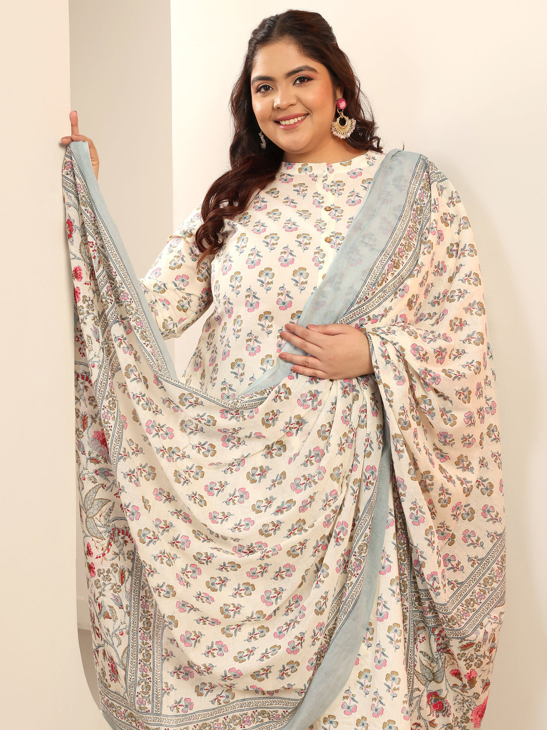  Plus Size Off white Floral Printed Cotton Straight Suit Set With Dupatta 