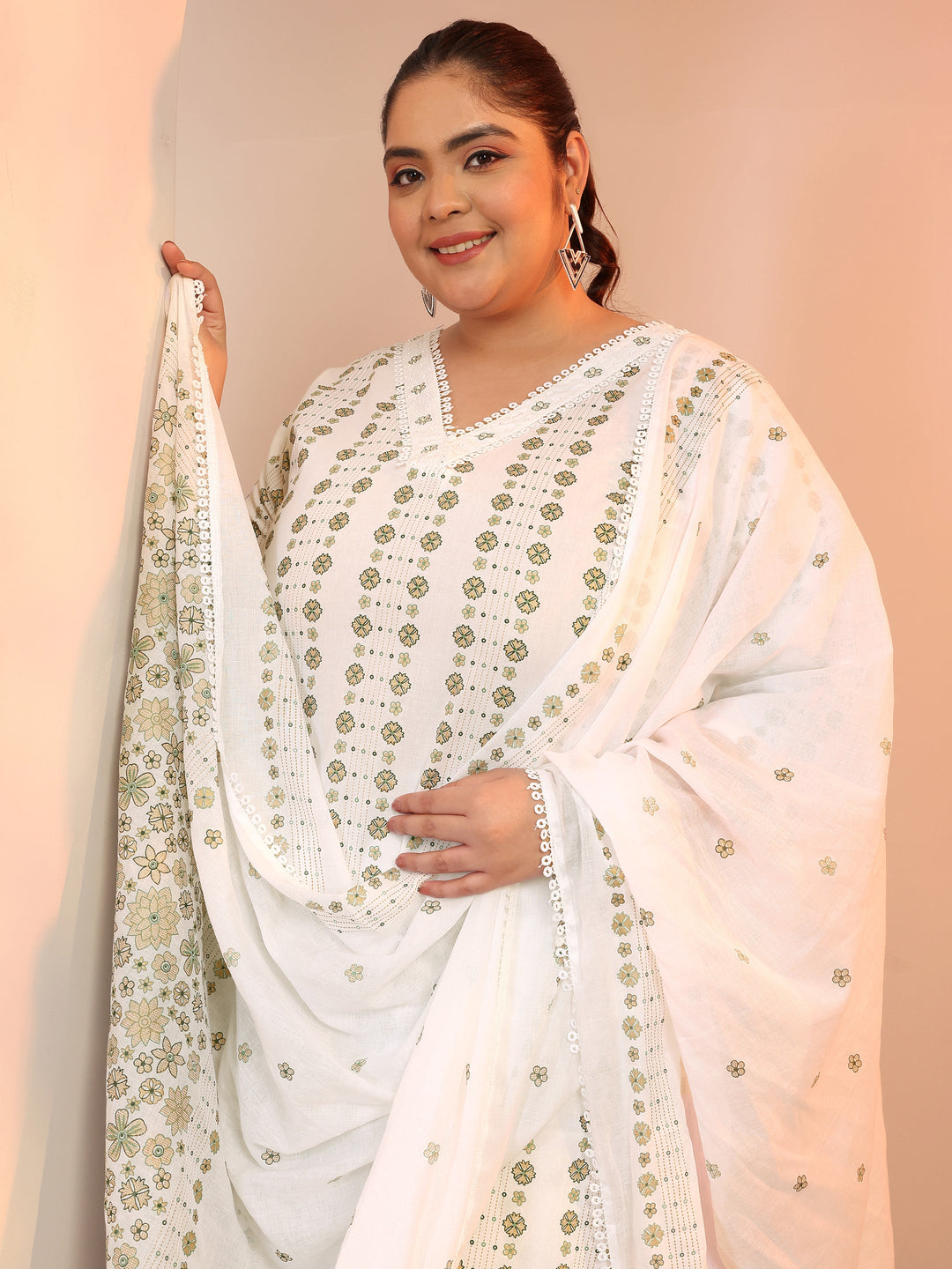  Plus Size Off white Printed Cotton Straight Suit Set With Dupatta 