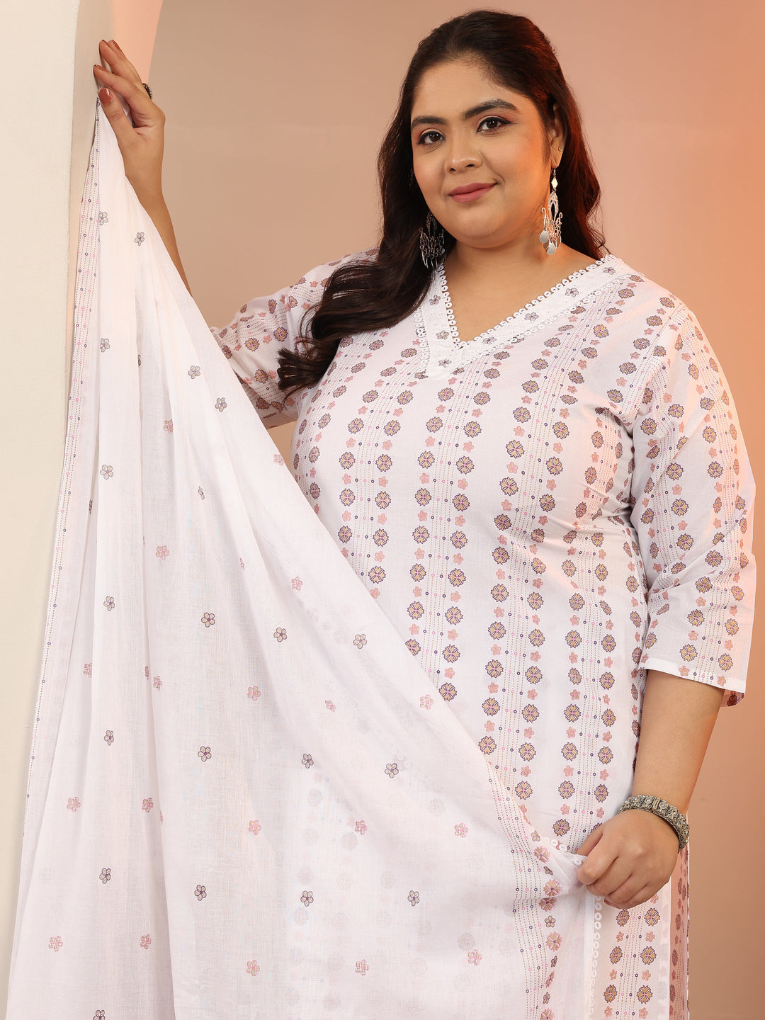  Plus Size Off white Printed Cotton Straight Suit Set With Dupatta 