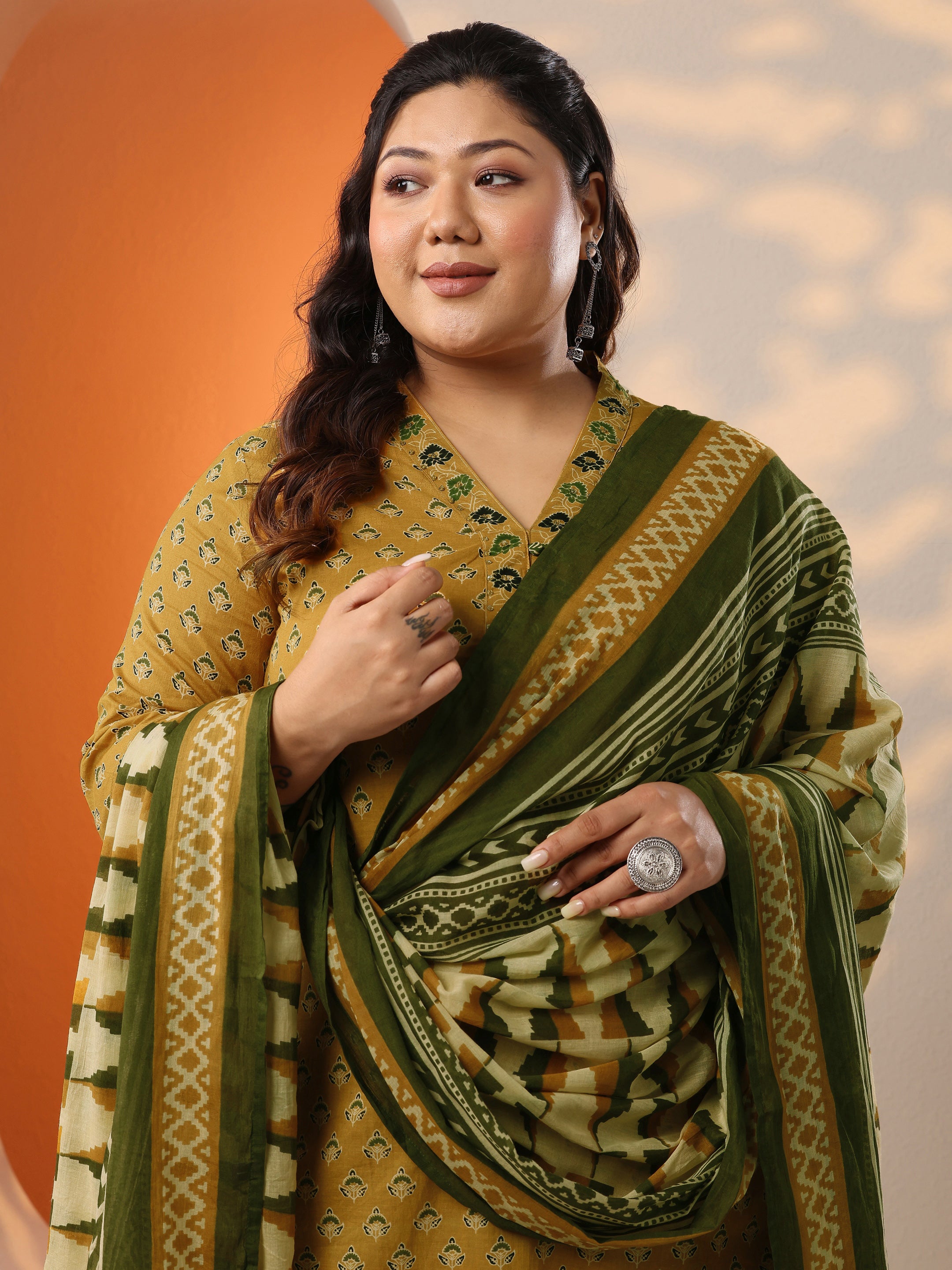 libas Plus Size Mustard Printed Cotton Straight Suit Set With Dupatta-picture-67