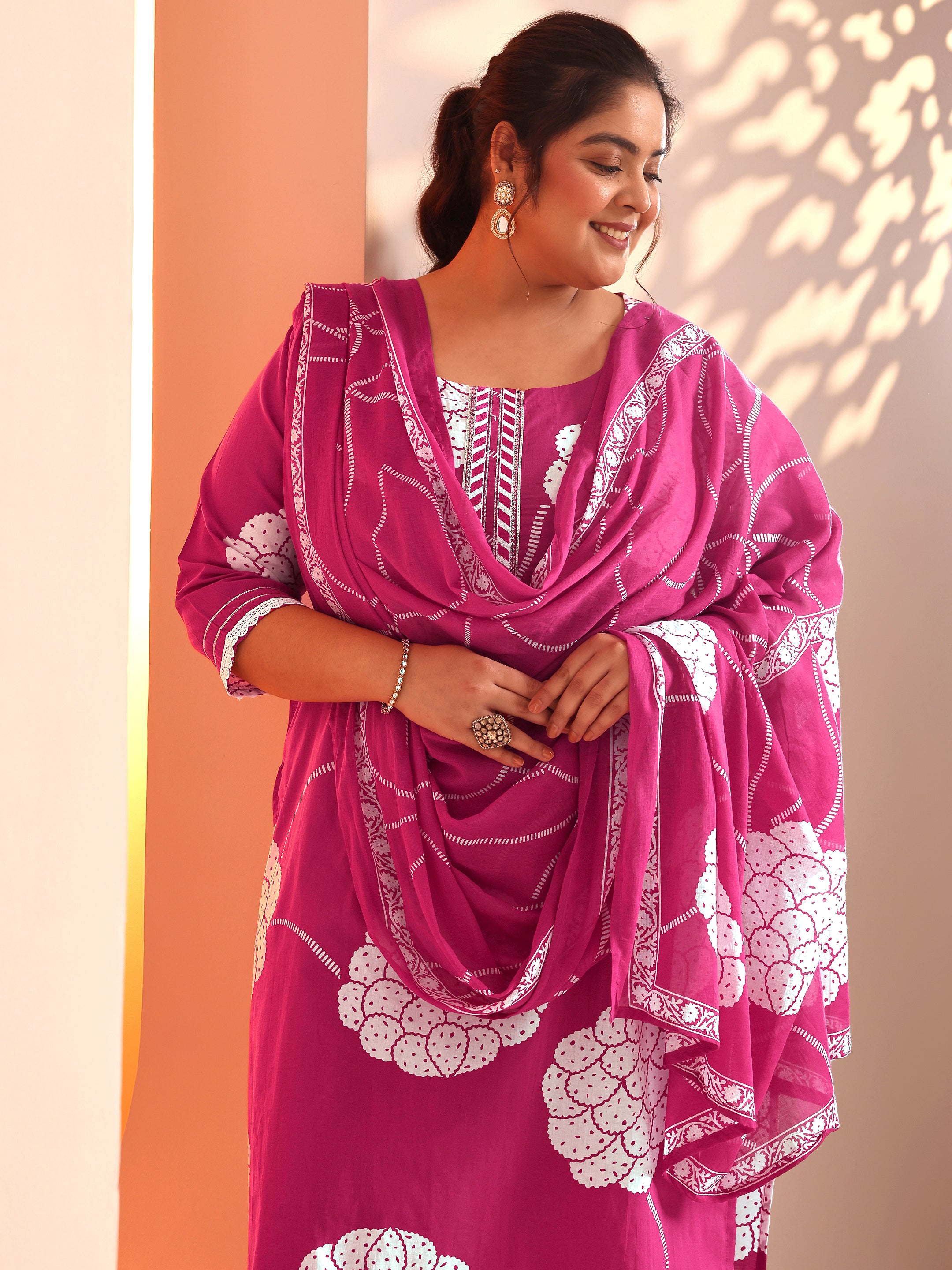 libas Plus Size Pink Printed Cotton Straight Suit Set With Dupatta-picture-26