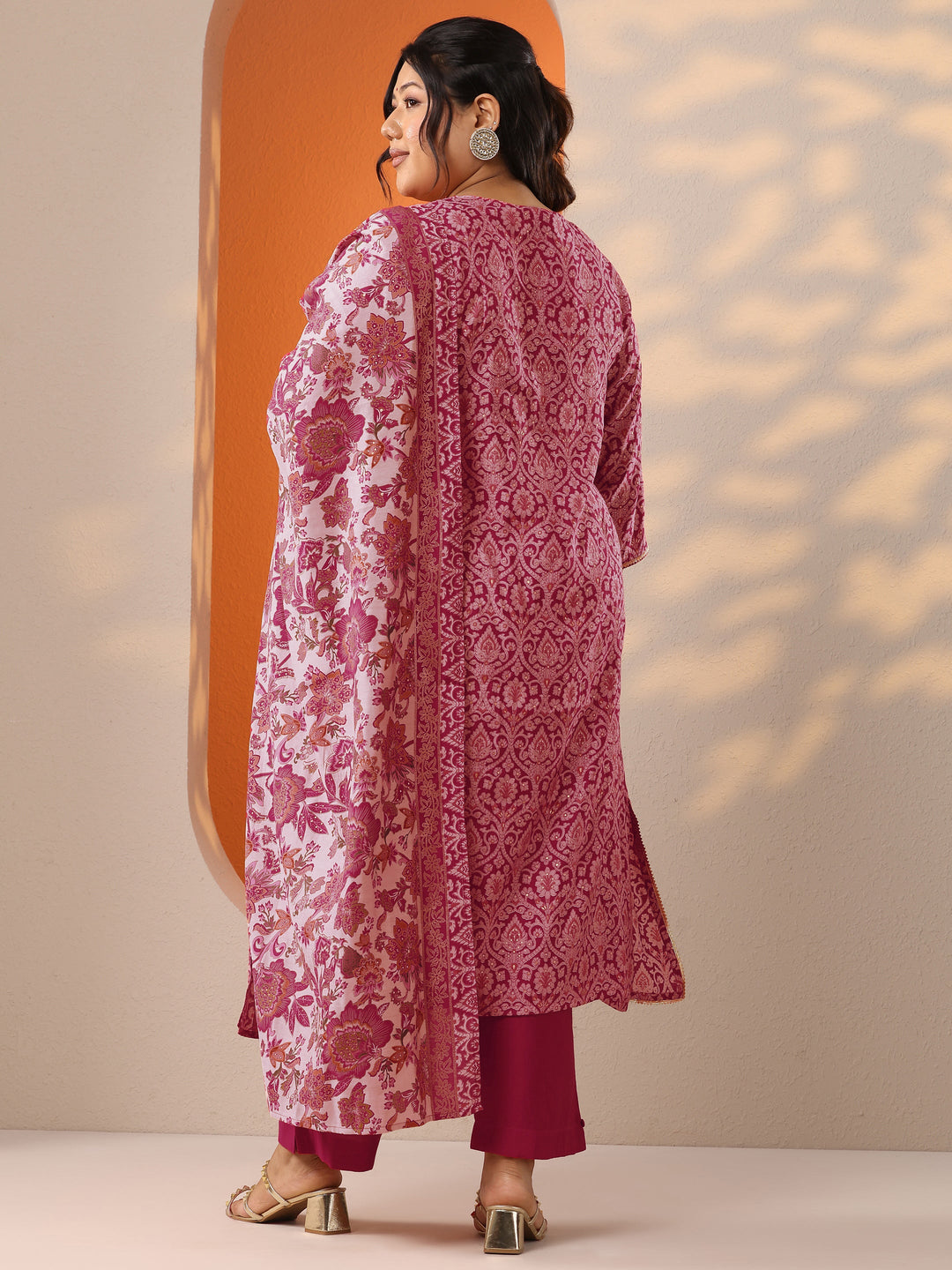  Plus Size Pink Printed Silk Blend Straight Suit Set With Dupatta 