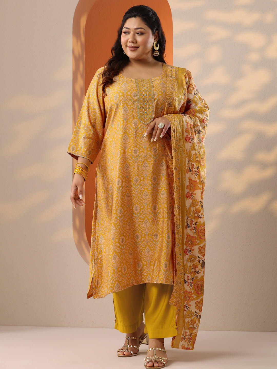  Plus Size Mustard Printed Silk Blend Straight Suit Set With Dupatta 