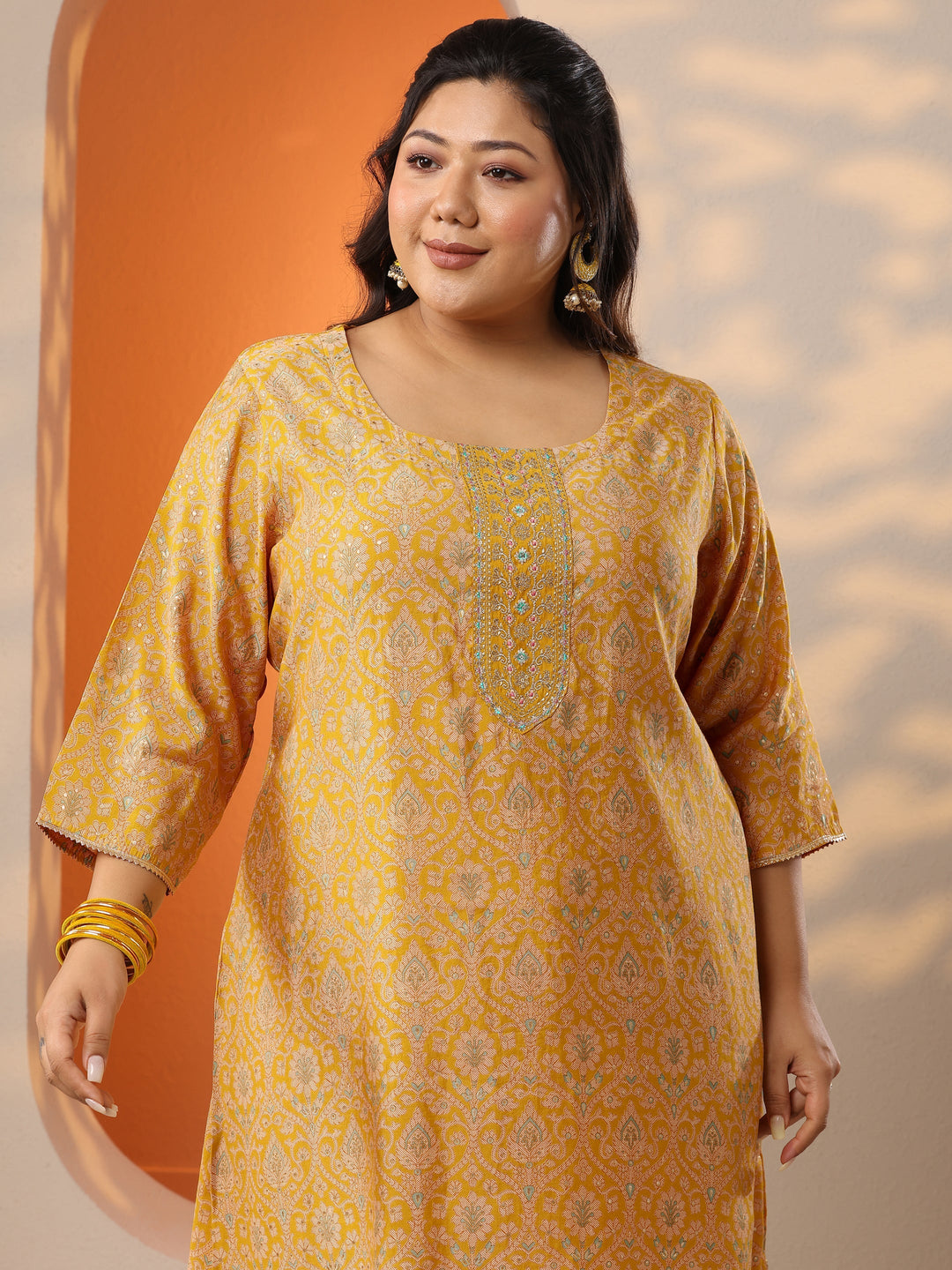  Plus Size Mustard Printed Silk Blend Straight Suit Set With Dupatta 