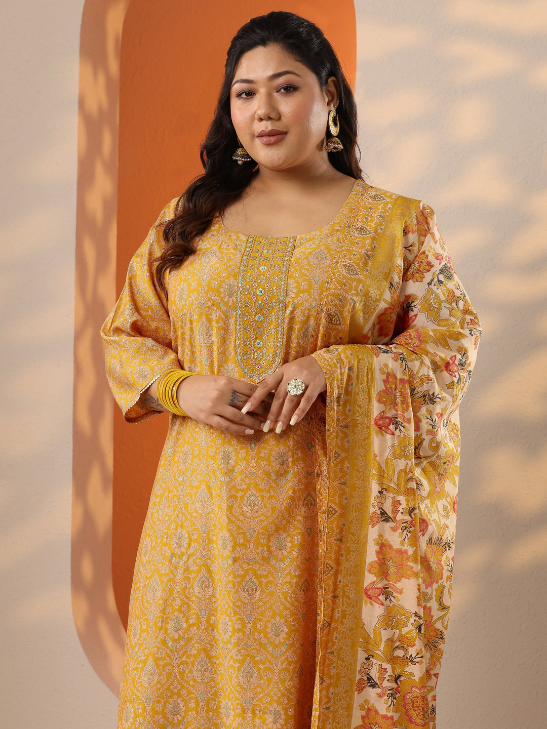  Plus Size Mustard Printed Silk Blend Straight Suit Set With Dupatta 