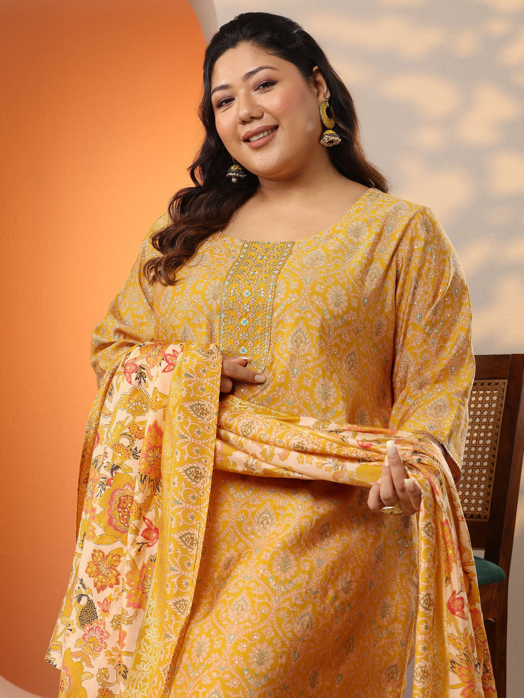  Plus Size Mustard Printed Silk Blend Straight Suit Set With Dupatta 